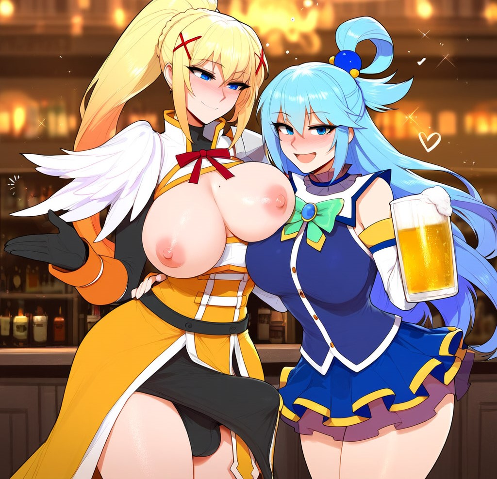 2girls ai_generated aqua_(konosuba) asymmetrical_docking bangs blonde_hair blue_eyes blue_hair blush breast_press breasts choker collarbone darkness_(konosuba) erection_under_clothes eyebrows_visible_through_hair futanari hair_ornament hairclip heart kono_subarashii_sekai_ni_shukufuku_wo! large_breasts long_hair looking_at_viewer navel nipples nude one_eye_closed patreon_username ponytail pussy racerai smile take_your_pick uncensored