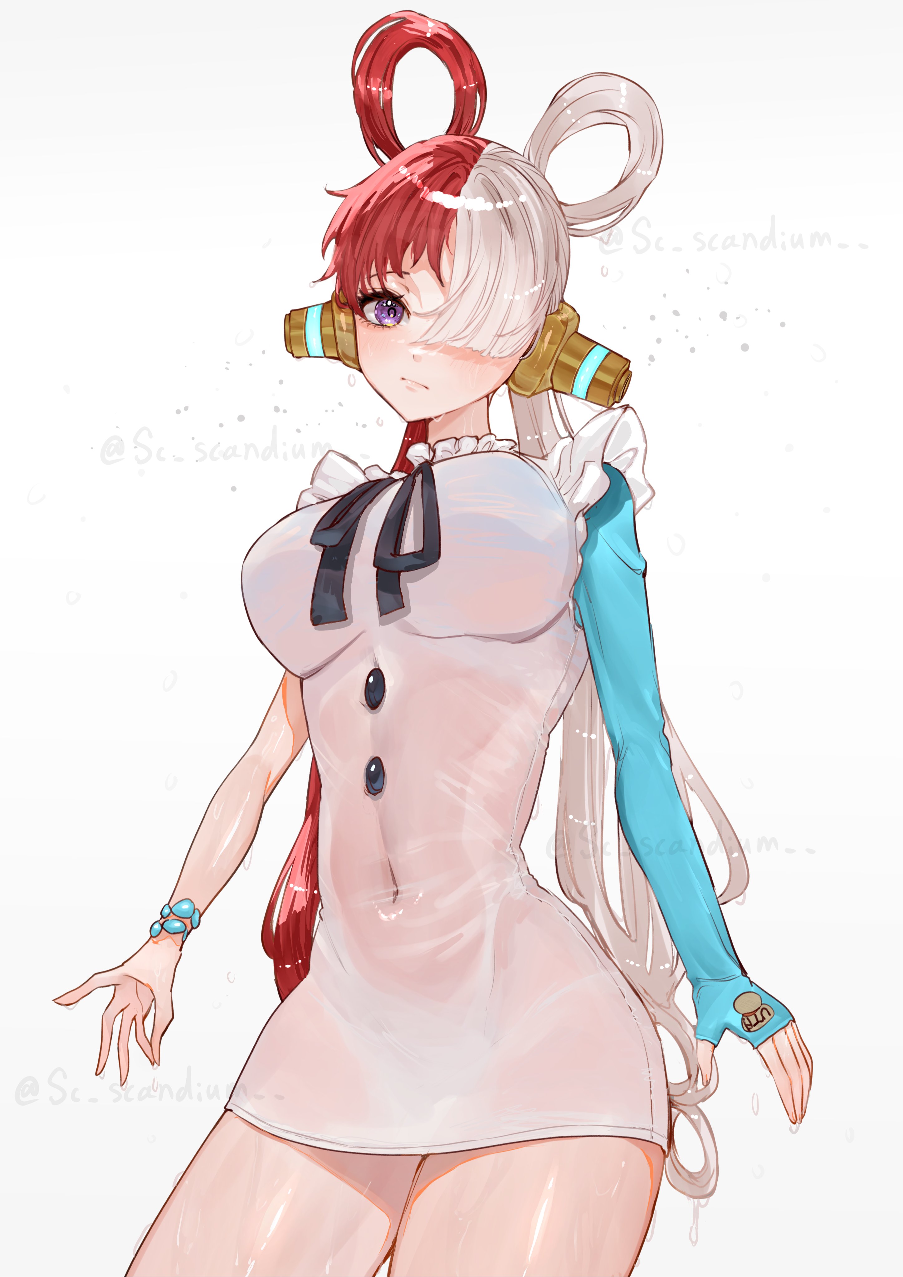 1girls, arm gloves, artist name, breasts, buttons, clothed, clothing, curvy, curvy female, curvy figure, dress, eyebrows, female, female focus, female only, fit, fit female, hair over one eye, light skin, light-skinned female, long hair, looking at viewer, medium breasts, navel, one piece, one piece film red, purple eyes, red hair, red-haired female, sc scandium, see-through, see-through clothing, simple background, slim waist, solo, solo female, solo focus, thick thighs, thighs, thin waist, two tone hair, two-tone hair, uta (one piece), watermark, wet, wet body, wet clothes, white background, white dress, white hair, white-haired female