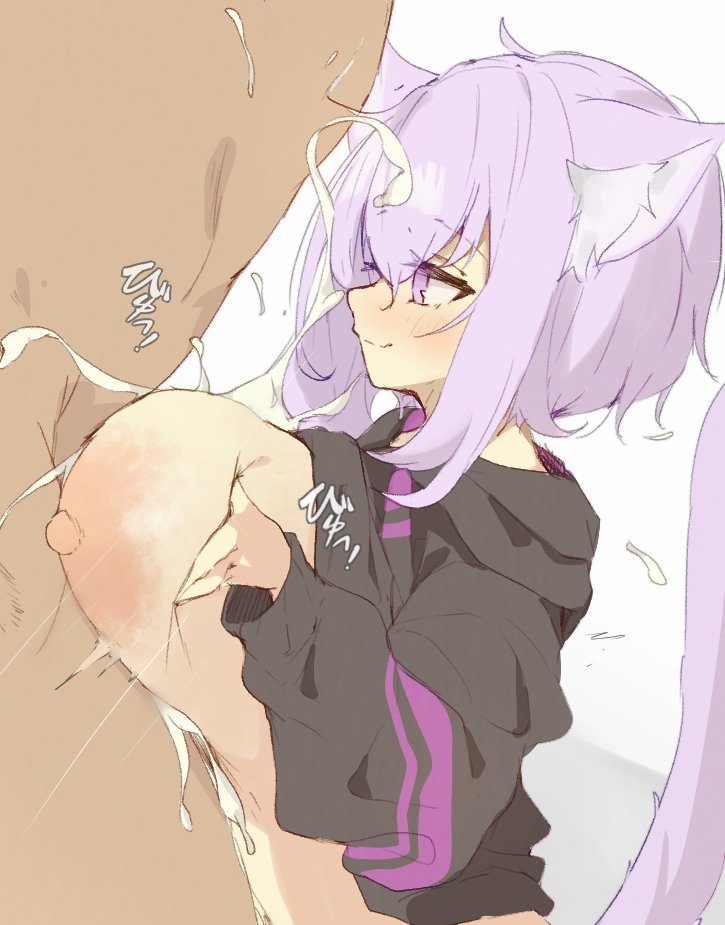 1boy 1girls animal_ears areolae big_breasts blush breasts cat_ears clothes clothing cum cum_on_breasts cumshot eyebrows_visible_through_hair hololive light-skinned_female light-skinned_male nekomata_okayu nipples okayu_ch. paizuri purple_eyes purple_hair spy_artservice tagme tail virtual_youtuber vtuber