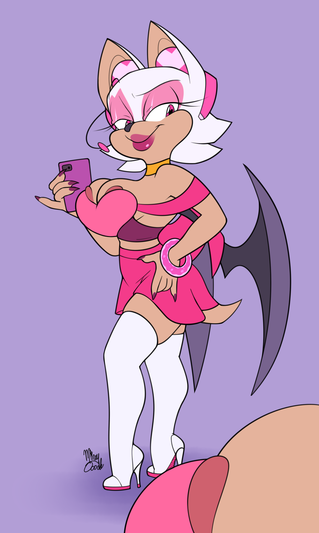 areola bat bottomwear bracelet breasts cape choker clothed clothing cosplay female headphones hi_res high_heel_boots legwear lips mammal minxydoodle miss_heed_(villainous) nipple_slip raised_bottomwear raised_clothing raised_skirt rouge_the_bat sega skirt solo sonic_(series) sonic_the_hedgehog_(series) thigh_boots villainous