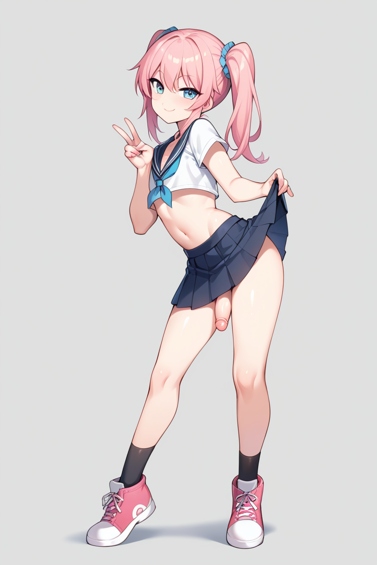 1boy ai_generated blue_eyes crop_top femboy lifting_skirt looking_at_viewer midriff navel peace_sign penis pink_hair skirt skirt_lift solo