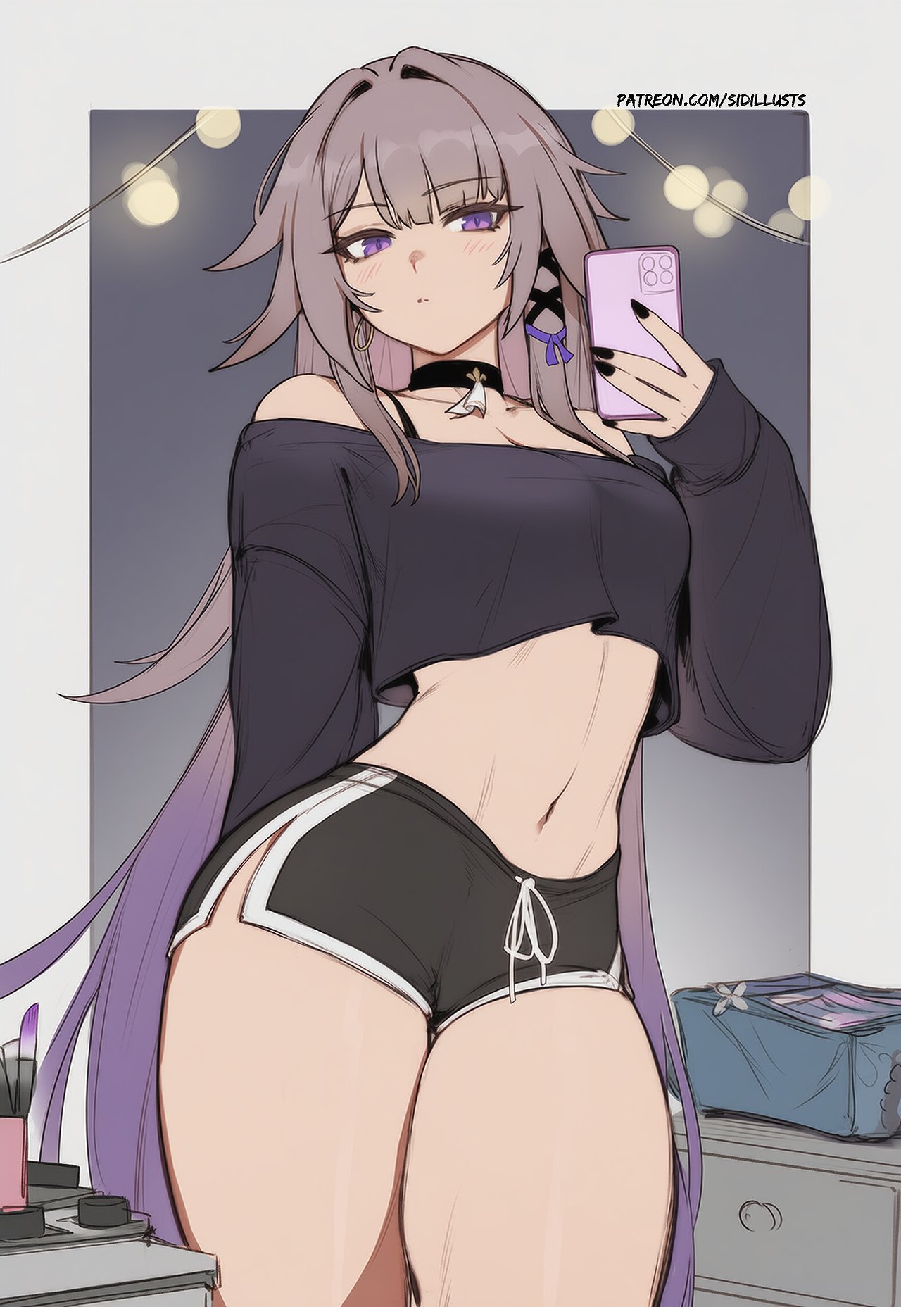 1girls, 2025, ai assisted, ai generated, bare shoulders, black nails, brown hair, collar, curvy, curvy figure, emotionless, female, herta (honkai: star rail), hi res, honkai (series), honkai: star rail, hoyoverse, long hair, mihoyo, multicolored hair, patreon username, phone, purple eyes, purple hair, room background, selfie, shorts, sidillusts, solo, solo female, stomach, the herta (honkai: star rail), thick thighs, thighs, white skin, wide hips