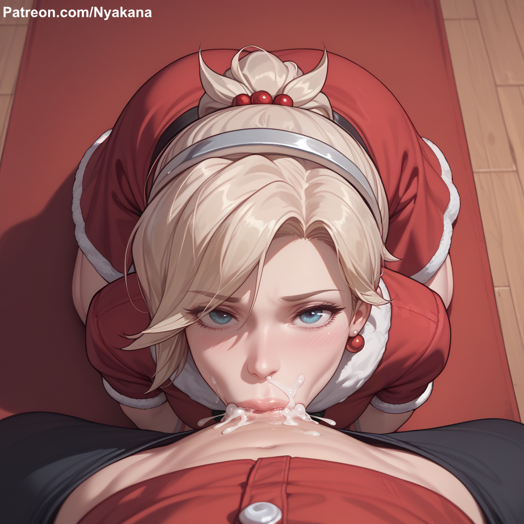 ai_generated blonde_hair blowjob blue_eyes christmas_outfit cum cum_in_mouth deepthroat looking_at_viewer mercy nyakana on_knees oral overwatch overwatch_2 pov tagme