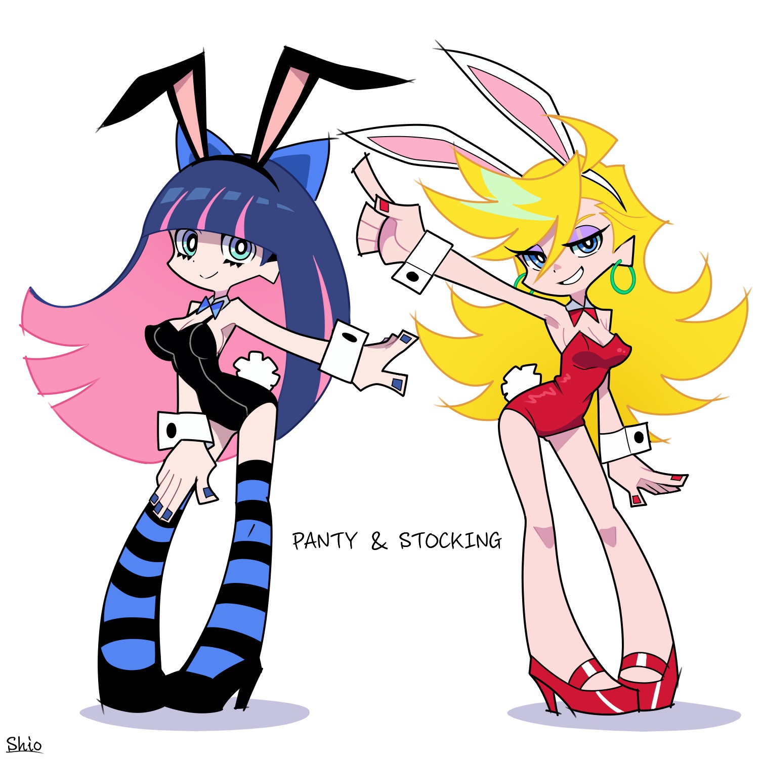 2girls, accurate art style, artist request, bunny ears, bunnysuit, female, leotard, panty & stocking with garterbelt, panty anarchy, stocking anarchy, tagme