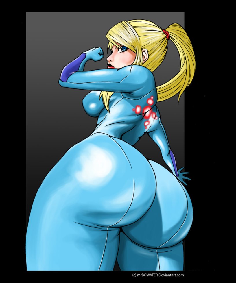 1girls, ass, ass focus, blonde hair, blue eyes, bodysuit, breasts, female, female only, hair band, huge ass, human, metroid, nintendo, ponytail, samus aran, solo, suit, tied hair, zero suit, zero suit samus
