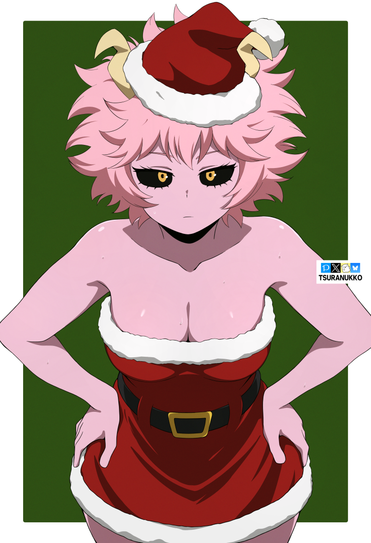 1girls big_breasts black_sclera breasts closed_mouth female female_focus female_only looking_at_viewer mina_ashido my_hero_academia navel pink_hair pink_skin santa_costume santa_hat solo solo_female solo_focus sweat tsuranukko yellow_eyes