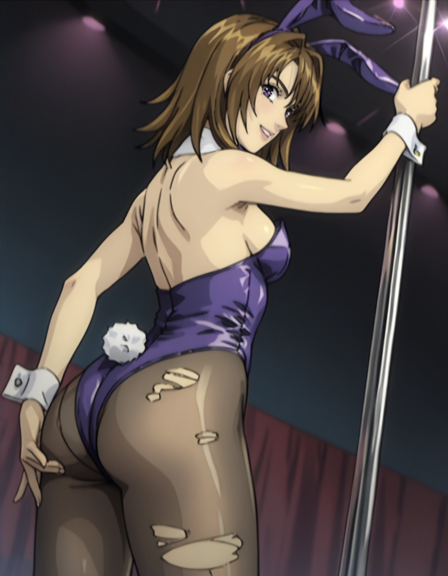 ass brown_hair bunny_ears cowboy_shot detached_collar dutch_angle female from_behind highleg_leotard holding_pole initial_d kyoko_iwase leotard medium_breasts medium_hair pantyhose playboy_bunny pole pole_dancing purple_eyes smile stripper_pole torn_pantyhose wrist_cuffs