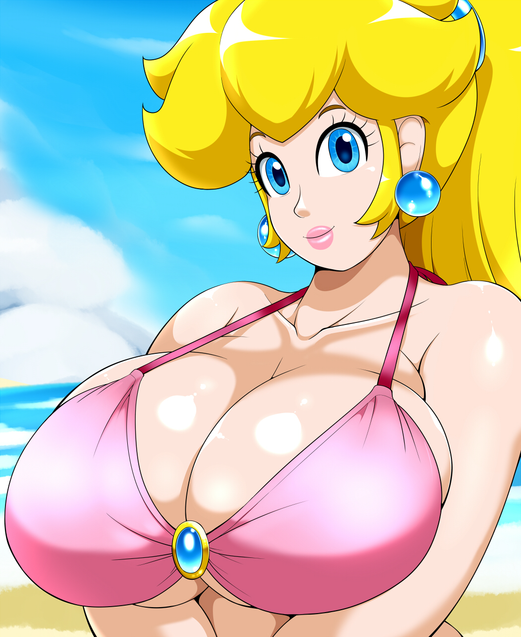 1girls, beach, bikini, bikini top, blonde hair, blue eyes, breasts, bursting breasts, busty, cleavage, earrings, female, female only, huge breasts, human, jewelry, large breasts, lipstick, looking at viewer, mario (series), nintendo, outdoors, ponytail, princess peach, smile, solo, speeds, tied hair, v arms, voluptuous