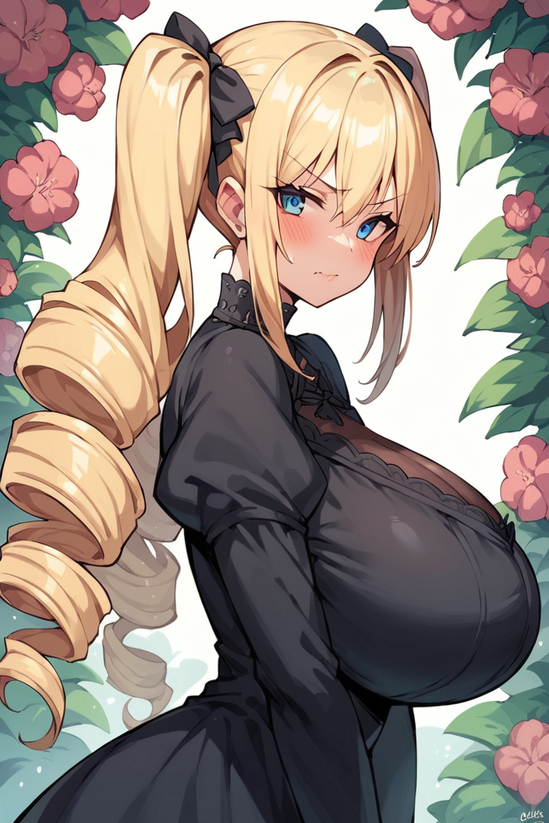 ai_generated big_breasts black_dragon blonde_hair blue_eyes drill_hair flowers huge_breasts lolita_fashion looking_at_viewer massuve_breasts original_character tagme tsundere