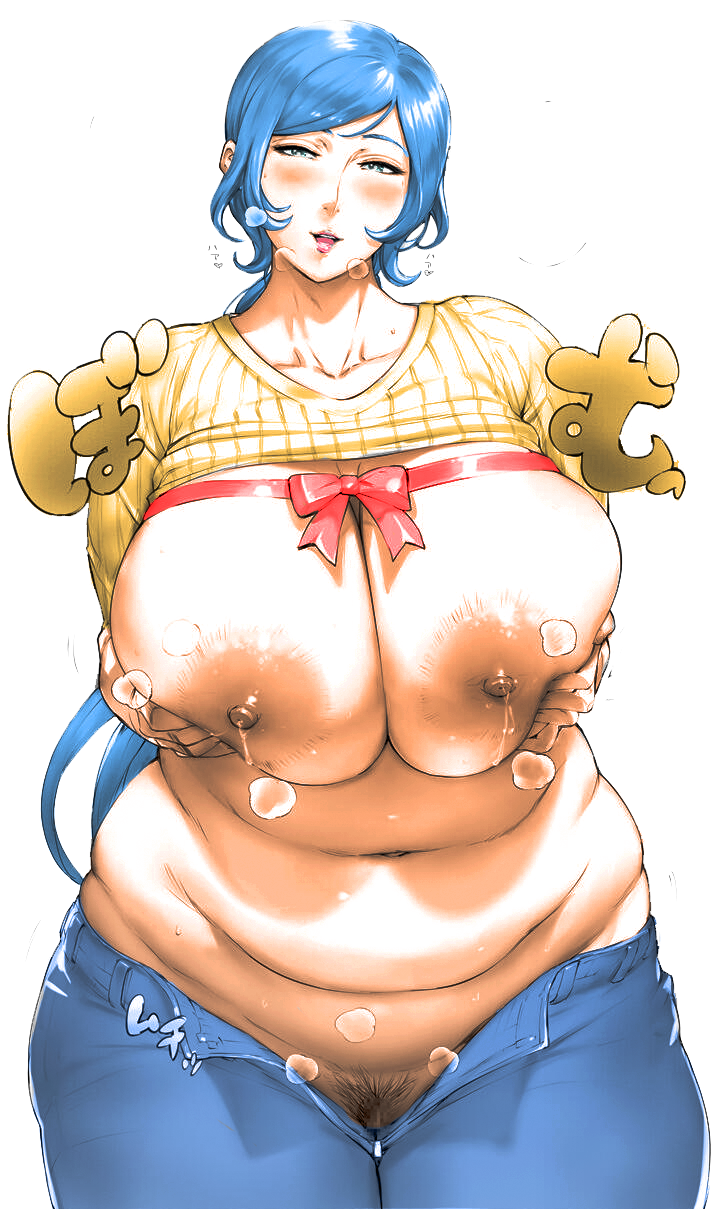 1girls areola bangs belly big_breasts blue_eyes blue_hair blush breast_hold breasts breasts_out censored erect_nipples female gundam gundam_build_fighters hairy half-closed_eyes hips huge_areolae huge_breasts iori_rinko jeans lactation large_areolae long_hair looking_at_viewer mature_female milf navel nipples no_bra no_panties open_mouth orushibu plump presenting pubic_hair shirt_up smile solo standing thick thick_thighs thighs wide_hips