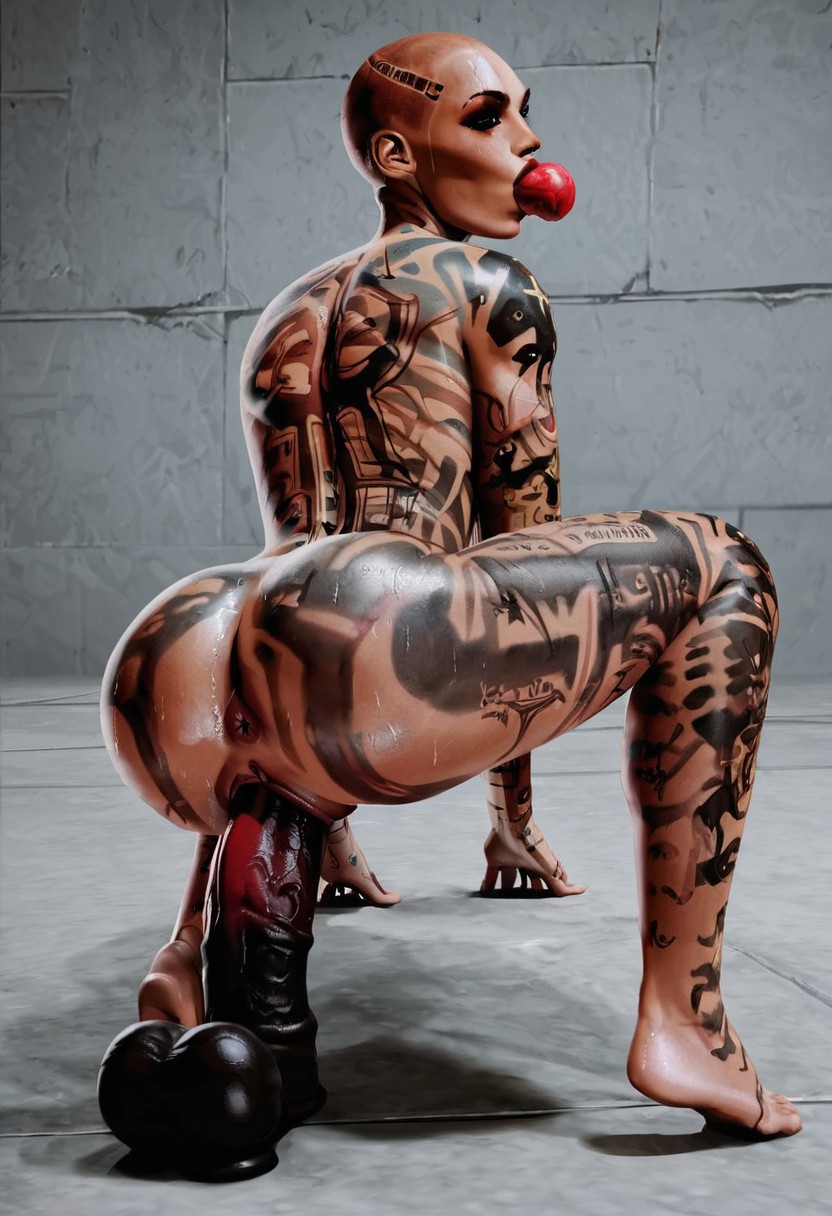 ai_generated ass huge_dildo jack_(mass_effect) mass_effect nude_female riding_dildo subject_zero sucking_dildo tattoos