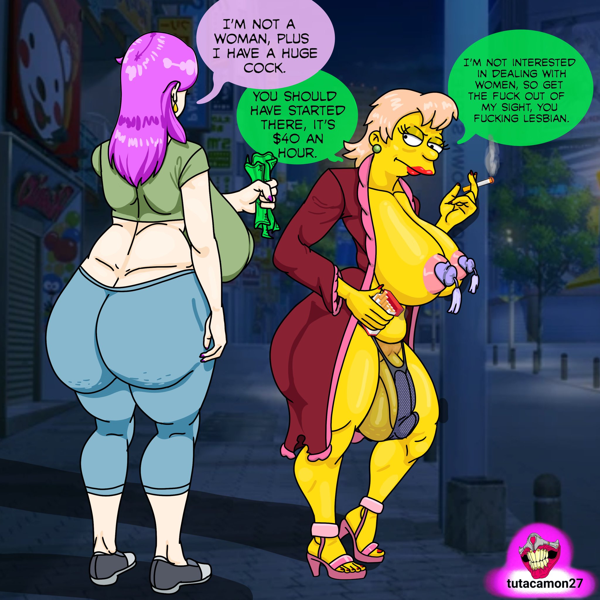 2futas, big balls, big breasts, big penis, blonde hair, dialogue, dialogue bubble, futa on futa, futanari, marilyn muntz, money, mrs. muntz, ocid girl (tutacamon27), purple hair, sex for money, the simpsons, thick thighs, thighhighs, thong, venus body