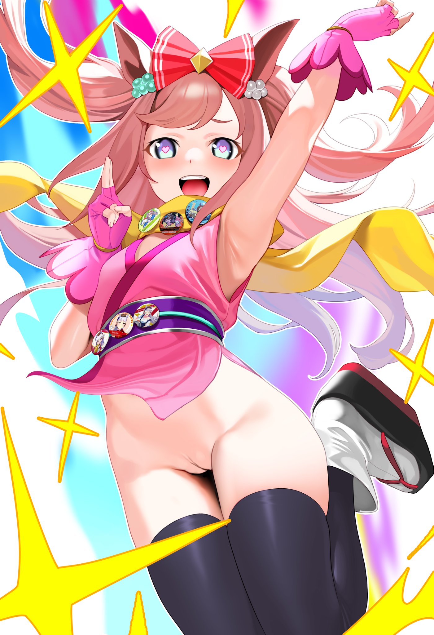 :d agnes_digital_(umamusume) alternate_costume animal_ears arm_up armpits black_thighhighs blue_eyes bow brown_hair commentary_request female gold_ship_(umamusume) hairbow heart heart-shaped_pupils highres horse_ears horse_girl horse_tail japanese_clothes kitasan_black_(umamusume) long_hair looking_at_viewer ninja no_panties okobo open_mouth platform_sandals pussy red_bow sandals smile socks solo special_week_(umamusume) symbol-shaped_pupils tabi tail thighhighs ugohato umamusume uncensored white_socks