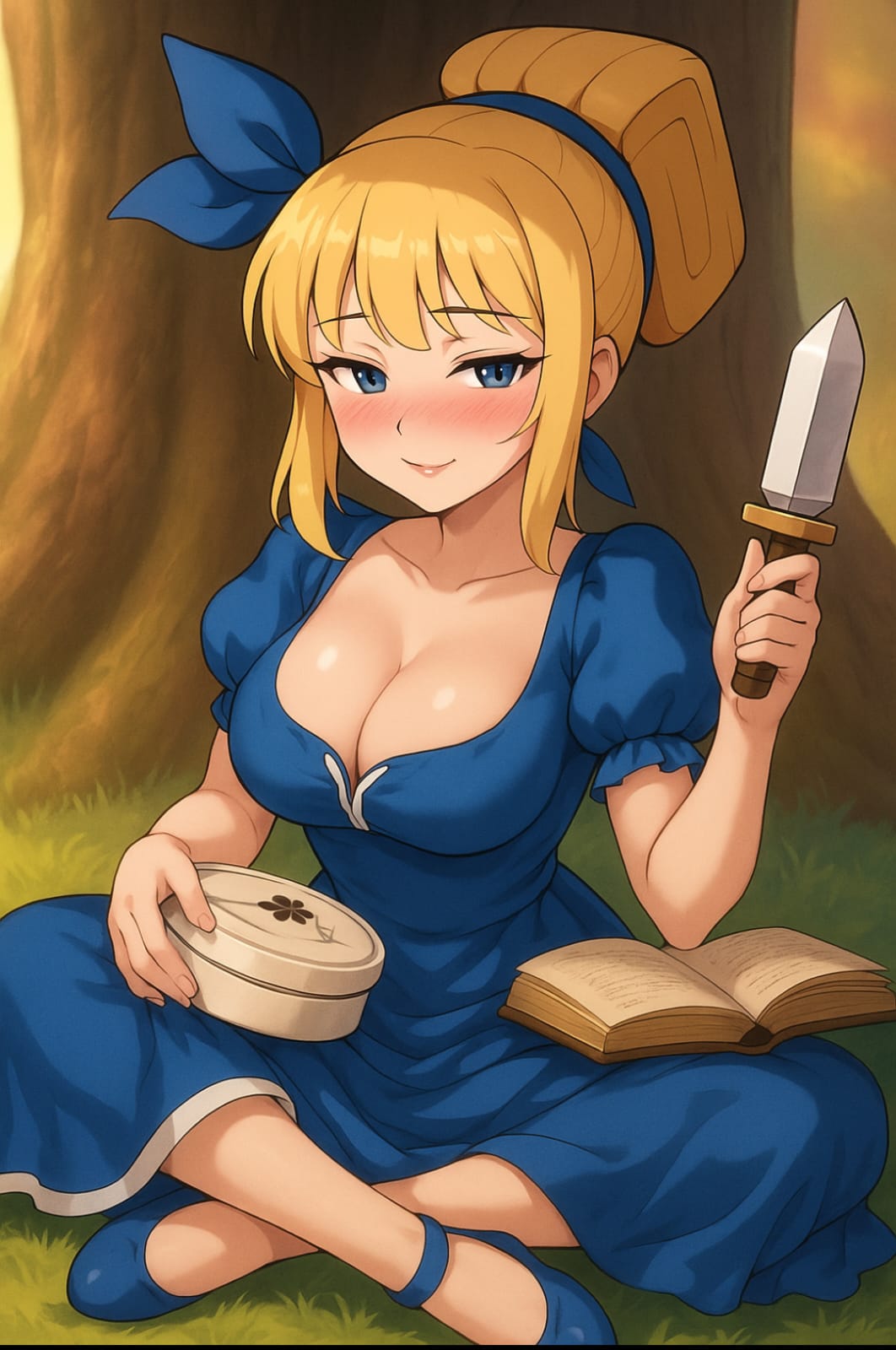ai_generated big_breasts blonde_female blonde_hair breasts clash_(series) clash_a_rama clash_royale cleavage cleavage_cutout dagger dagger_duchess_(clash_royale) dress huge_breasts looking_at_viewer princess seductive seductive_look seductive_smile smirk smirking smirking_at_viewer