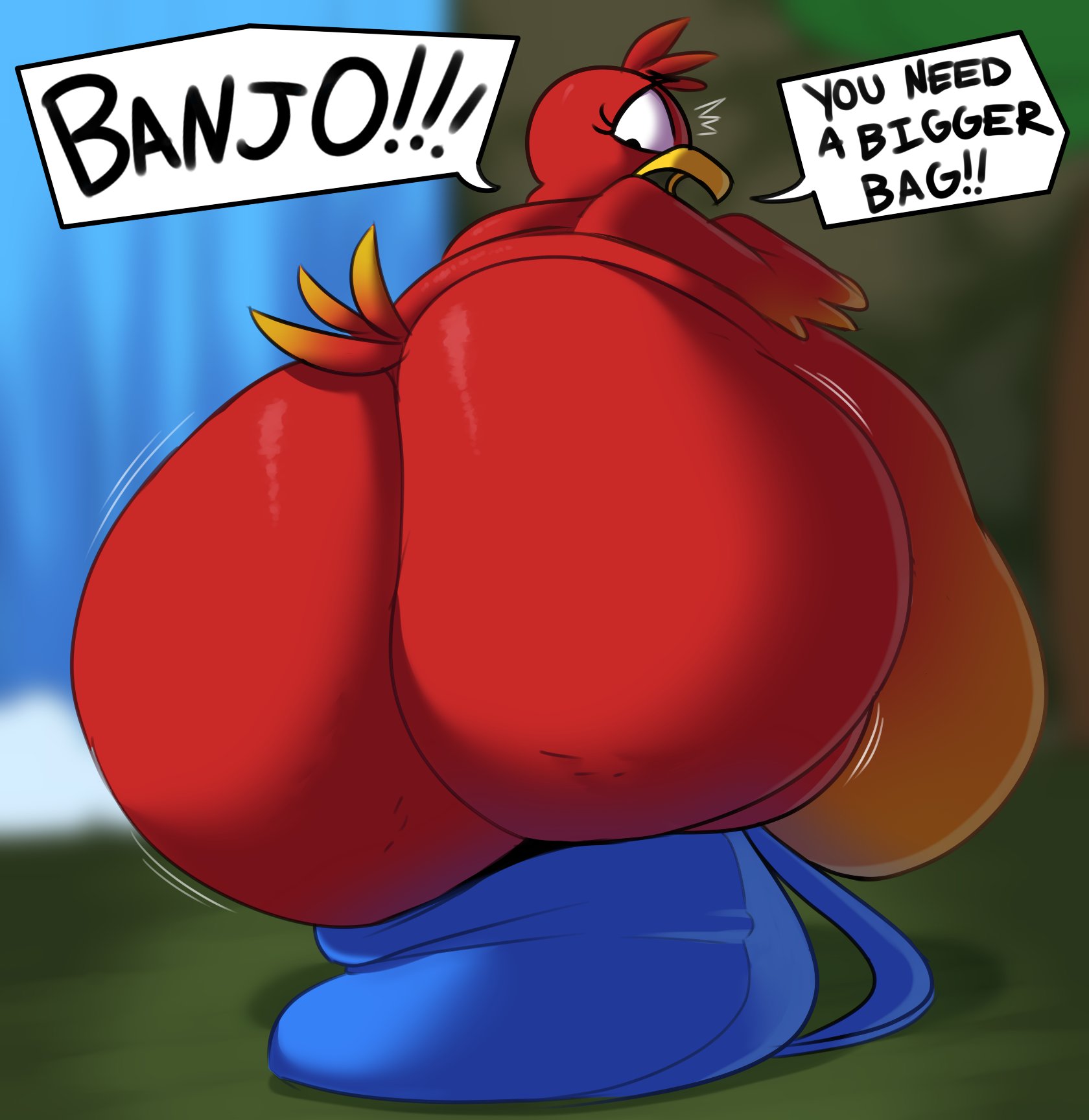 2022, anthro, ass, avian, backpack, banjo-kazooie, big ass, big butt, bird, chipchell, chubby, chubby female, exclamation point, fat, fat ass, fat belly, fat female, female, female only, kazooie, obese, obese female, orange feathers, rareware, red body, red feathers, talking