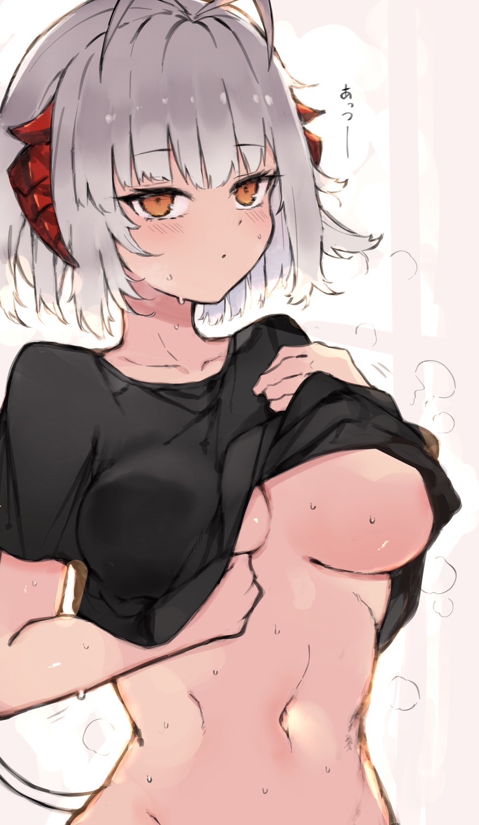 arknights black_shirt breasts closed_mouth clothes_lift demon_girl demon_horns dot_mouth female grey_hair highres horns kyuu_(plastic_night_q) large_breasts looking_at_viewer navel orange_eyes shirt shirt_lift short_hair short_sleeves solo stomach w_(arknights)