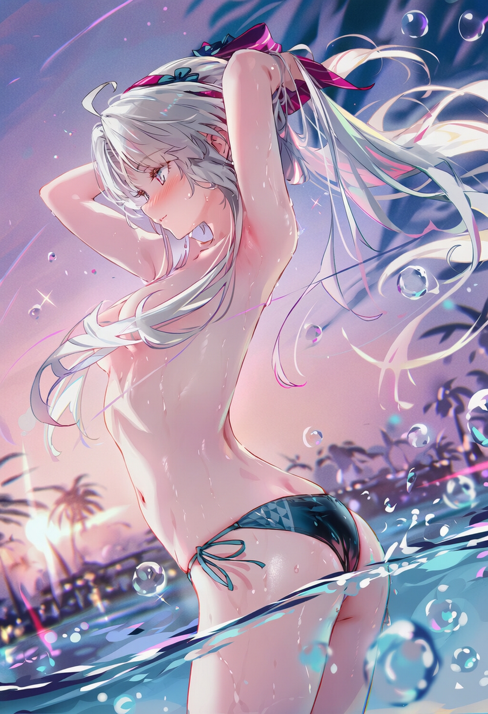 1girls, ai generated, arms up, ass, bikini, bikini bottom, blush, breasts, carlotta (wuthering waves), convenient censoring, curvy body, curvy female, female, female focus, female only, outdoors, partially submerged, raaicave, small breasts, solo, topless, topless female, water, wet, white hair, wuthering waves