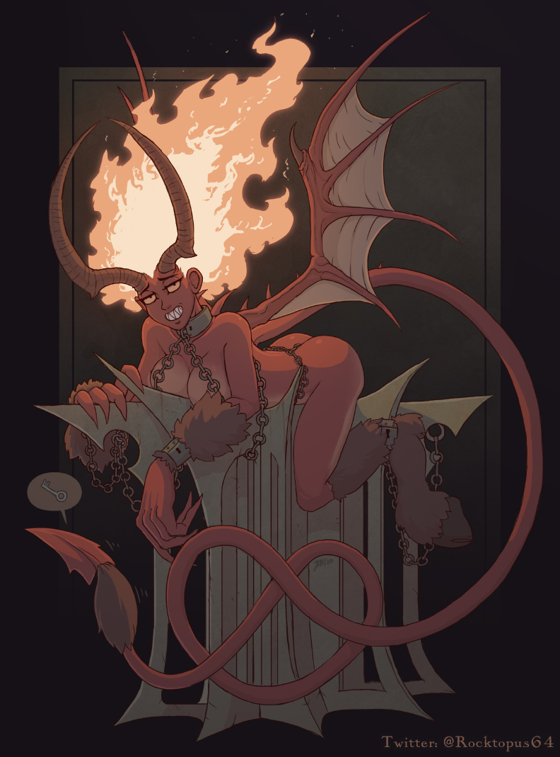 ankle_cuffs ass bondage breasts brett_neufeld chains collar demon devil devil_girl devil_tail female fire fire_hair flame_hair hooves horns looking_at_viewer marble_gate_dungeon nude red_skin restrained seductive_look shackles wings wrist_cuffs