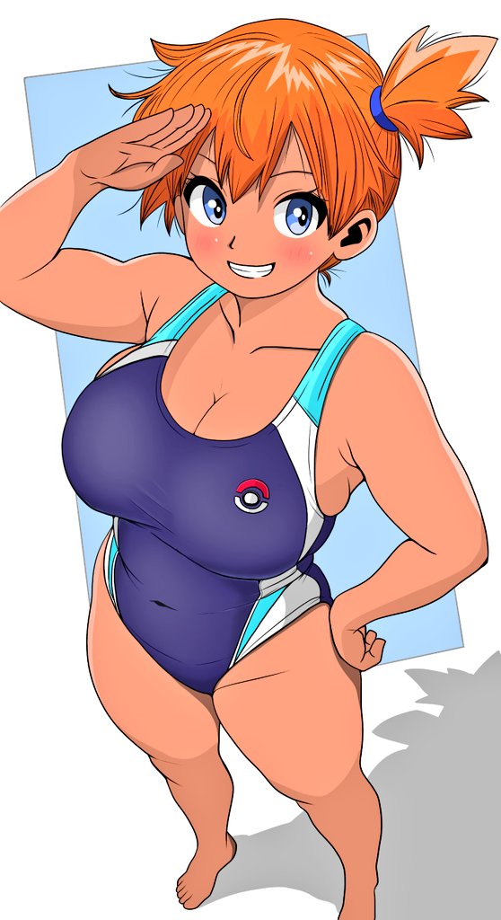 barefoot blue_eyes blush breasts cleavage clothing competition_swimsuit covered_navel dark-skinned_female female female_only from_above grin gym_leader hand_on_hip hand_on_own_hip huge_breasts kasumi_(pokemon) large_breasts legs looking_at_viewer navel one-piece_swimsuit orange_hair pokemon pokemon_(anime) pokemon_rgby ponytail salute short_hair side_ponytail smile solo standing swimsuit thick_thighs thighs wide_hips