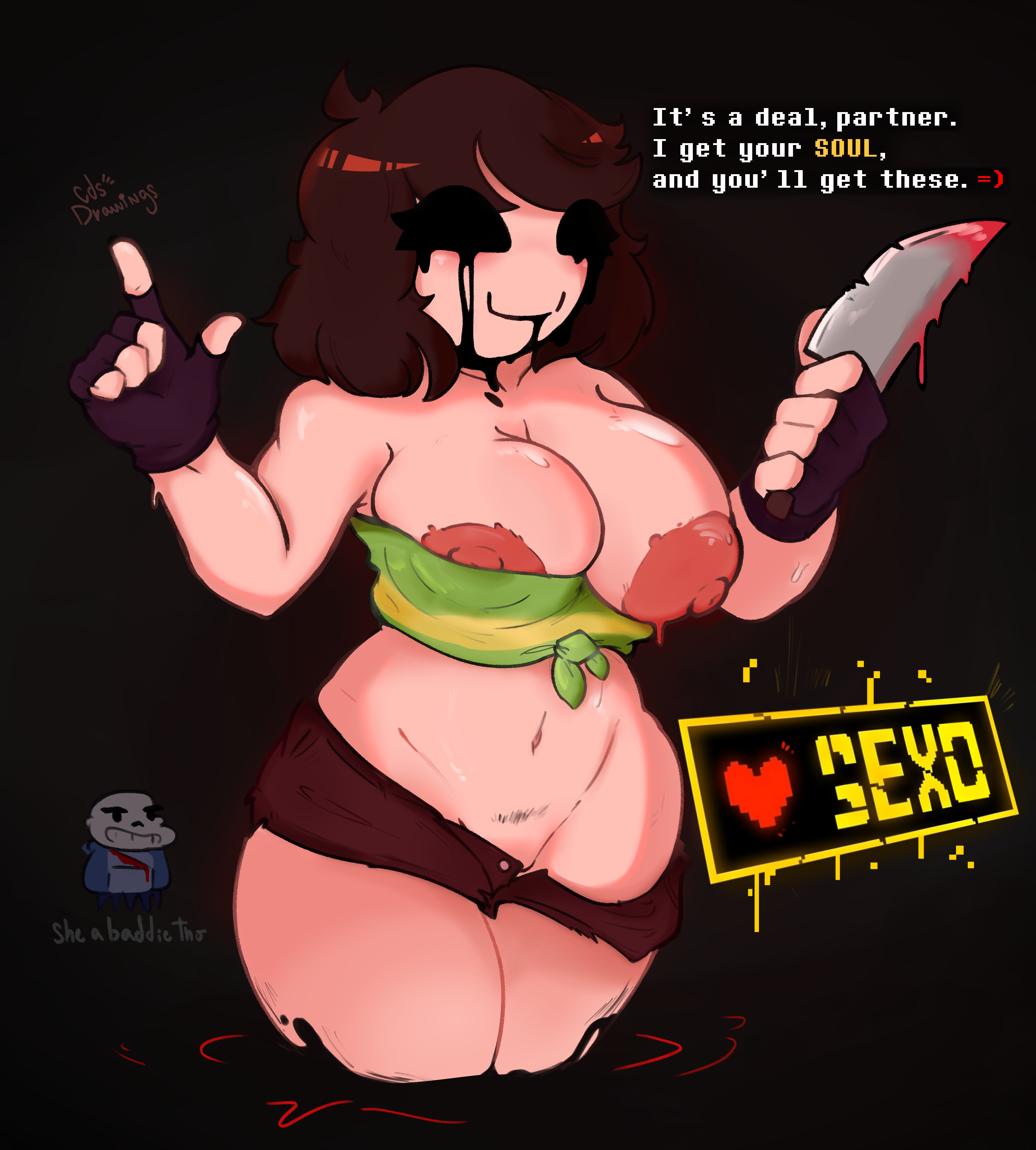ashley (cdsdrawings), ass, big ass, big breasts, black sclera, blush, breasts, breasts bigger than head, breasts out, cdsdrawings, chara, chara (undertale), cosplay, dialogue, female, female chara, fingerless gloves, half naked, half-dressed, knife, light skin, light-skinned female, nude, nude female, pubic hair, sans, shiny skin, short hair, shorts, sweat, sweatdrop, text, thick thighs, topless, uncensored, undertale, undertale (series)