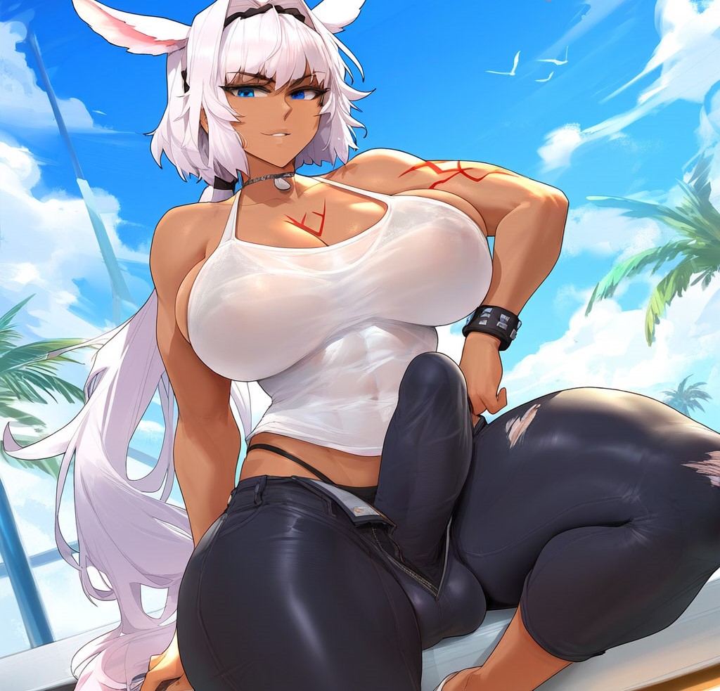 1futa, ai generated, bangs, blue eyes, blue sky, breasts, bulge through clothing, caenis (fate), caenis (swimsuit rider) (fate), cloud, dark skin, dark-skinned futa, day, erection under clothes, fate (series), futa only, futanari, hair intakes, highleg, intersex, large breasts, long hair, looking at viewer, palm tree, penis, racerai, sky, solo, summer, swimsuit, tattoo, thighs, torn clothes, tree, white hair