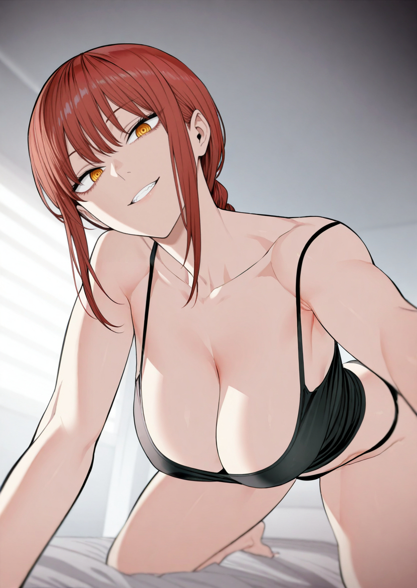 1girls, ai generated, black tank top, chainsaw man, cleavage, female, makima (chainsaw man), red hair, solo, tank top, yellow eyes, zloimakak