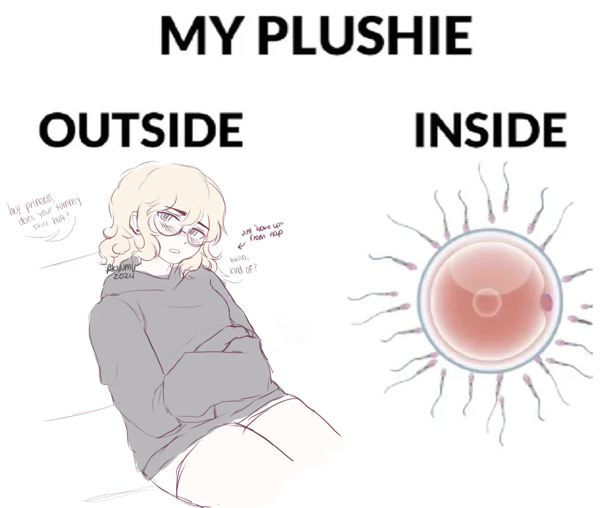 akyumu, blonde hair, blue eyes, chubby, conception, egg cell, fertilized, glasses, hoodie, joke art, light skin, light-skinned male, male, male impregnation, male only, male pregnancy, meme, milo (akyumu), mpreg, ovum, pregnancy, pregnant, pregnant male, sperm, sperm cell, sperm meets ovum, square irises