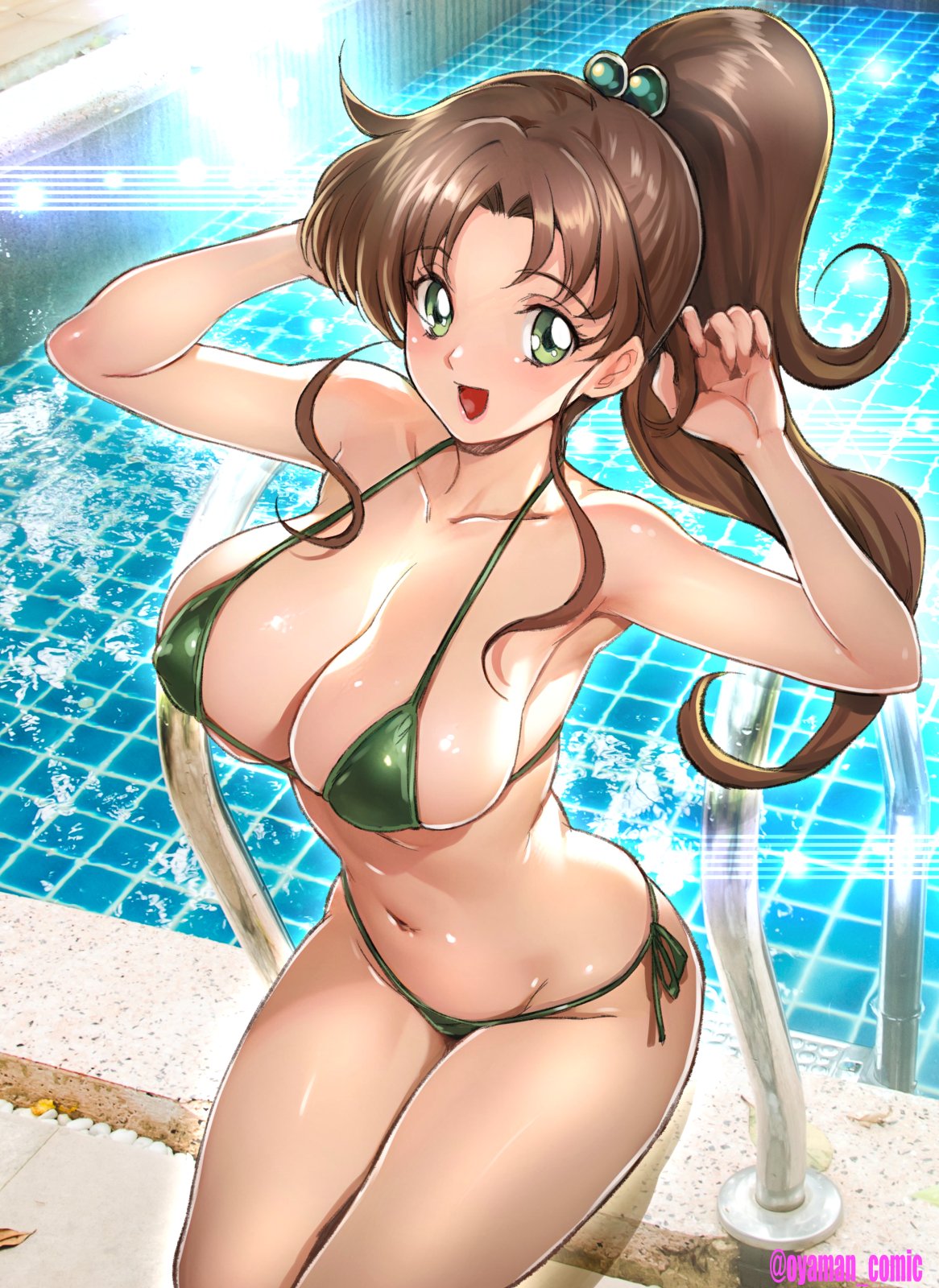 1girls, alluring, belly button, big breasts, bikini, bishoujo senshi sailor moon, breasts, brown hair, female, green eyes, kneeling, large breasts, looking at viewer, makoto kino, micro bikini, nipple bulge, open mouth, open smile, oyaman, ponytail, pool, sailor jupiter, smiling at viewer, swimming pool, swimsuit