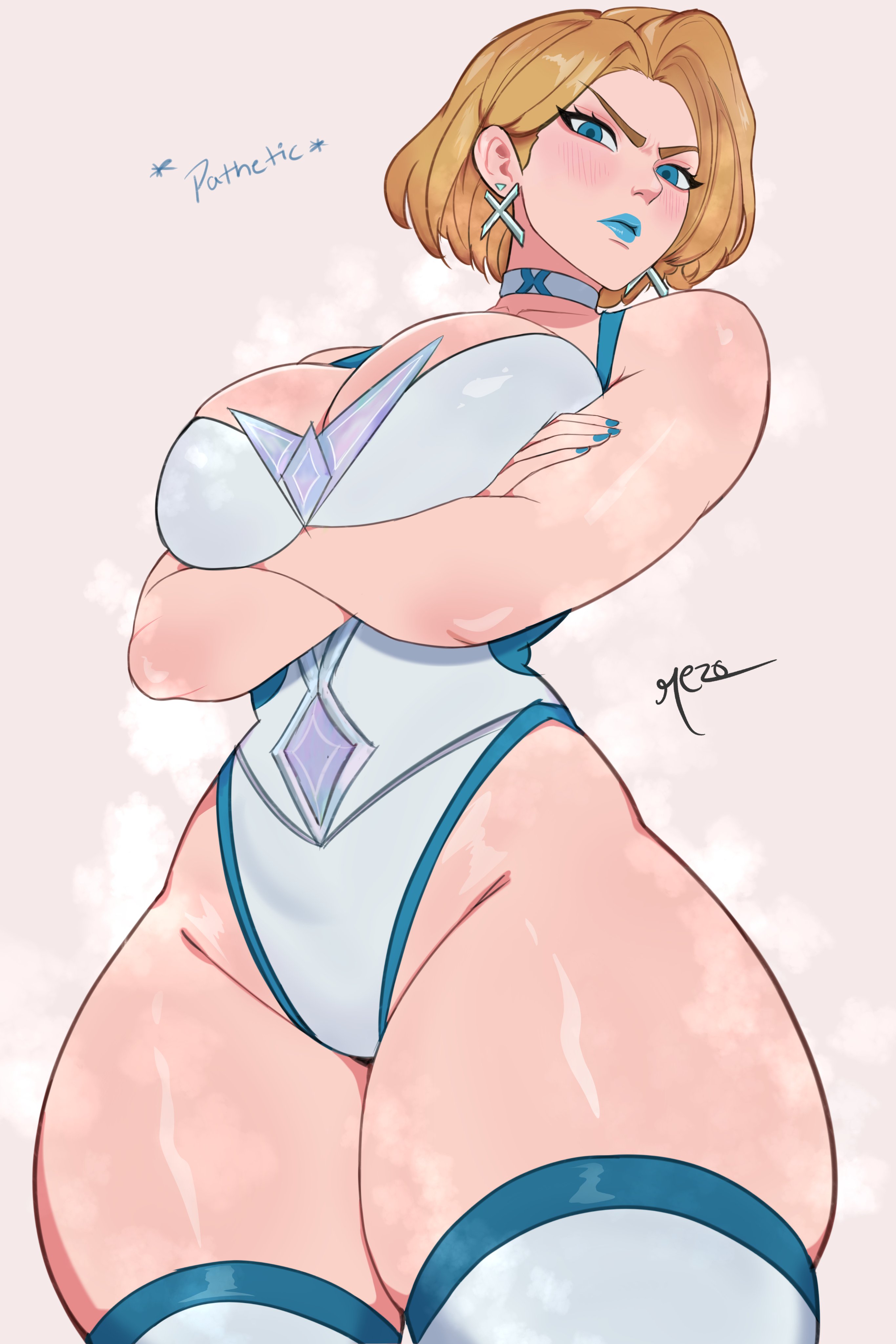 1girls, 2d, arms under breasts, ass, bare thighs, below view, big ass, big breasts, blonde eyebrows, blonde female, blonde hair, blue lipstick, blue nails, bob cut, breasts, caucasian, caucasian female, choker, cleavage, closed mouth, crossed arms, emma frost, emma frost (marvel rivals), eyelashes, female, female focus, female only, femdom, hair behind ear, leotard, light skin, light-skinned female, looking at viewer, looking down, low-angle view, marvel, marvel comics, marvel rivals, mature, mature female, medium hair, milf, rezo, simple background, solo, solo female, solo focus, thick legs, thick thighs, thighs, tina (polybuzz), viewed from below, voluptuous, white background, wide hips, x-men