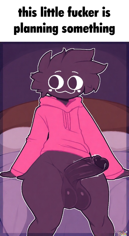 ai_generated balls big_balls big_penis black_fur caption dripping dripping_penis dripping_precum femboy furry hoodie hung_femboy male meme penis silly simple_background skimpy_clothes smug solo tagme teasing welwraith