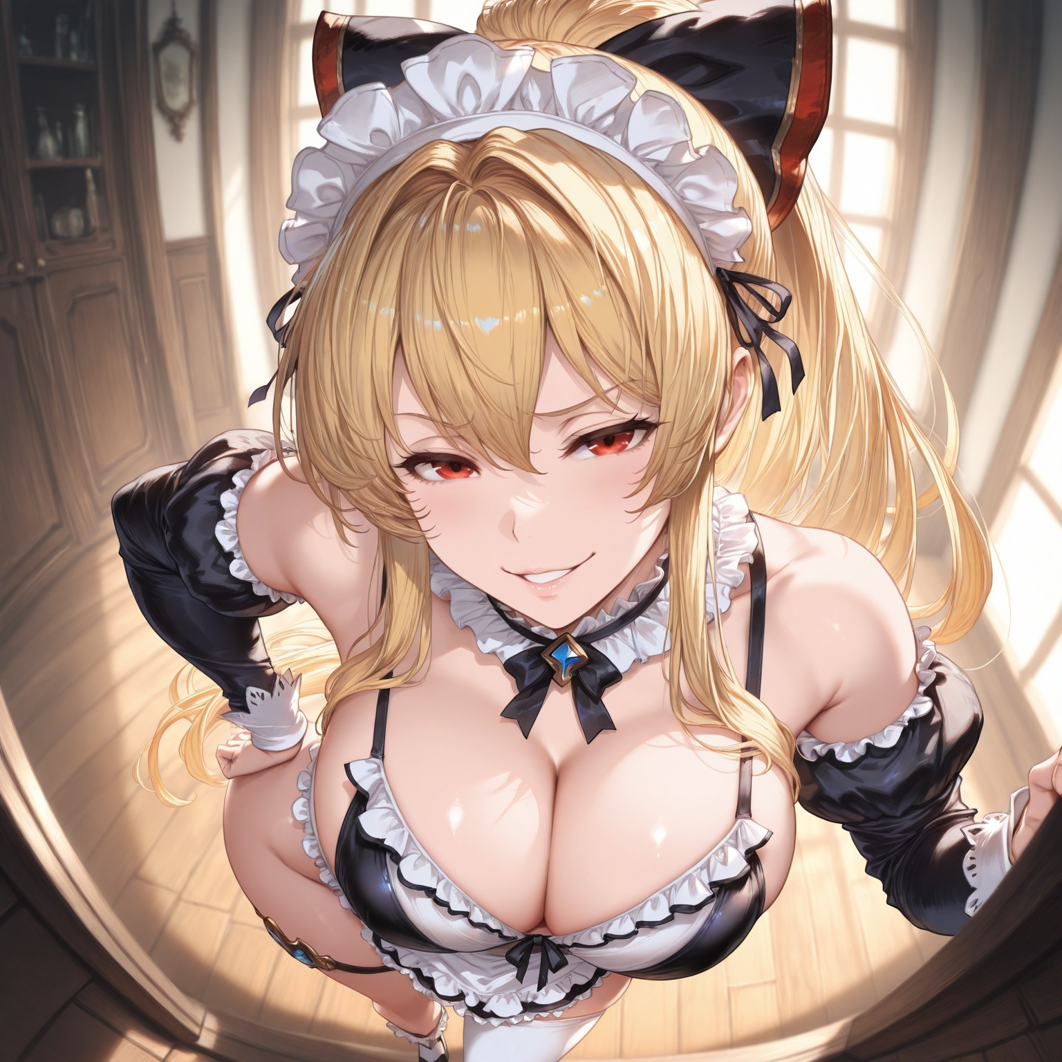 1girls, absurd res, ai generated, assertive female, caught, caught in 4k, face closeup, female, fisheye, from above, granblue fantasy, hand on hip, indoors, liu (artist), looking at viewer, maid, maid bikini, maid headdress, maid outfit, maid uniform, ponytail, pov doorway, pov eye contact, red eyes, seductive, smirk, smug, solo, solo female, vira (granblue fantasy), vira lillie, voluptuous, voluptuous female