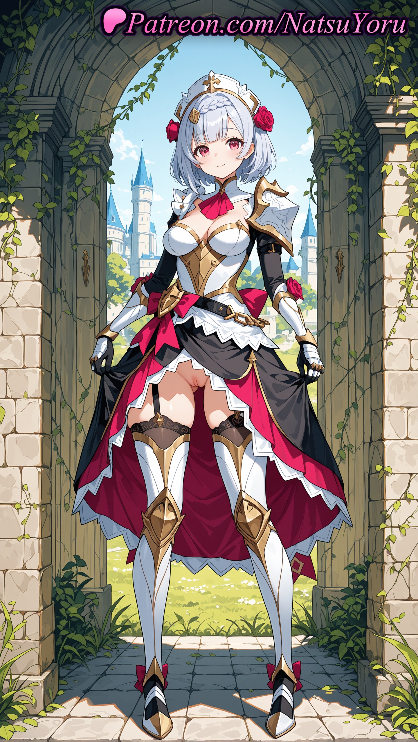 1girls, 2025, ai generated, anime style, armor, armored boots, boots, braid, breasts, cleavage, clothes lift, female, female only, flower, flowers, full body, genshin impact, grey hair, hair flower, hair ornament, hi res, high quality, high resolution, highres, hoyoverse, looking at viewer, maid headdress, medium breasts, mihoyo, mihoyo technology (shanghai) co. ltd., natsuyoru, no panties, noelle (genshin impact), outdoors, patreon, pussy, red flower, red rose, rose, short hair, shoulder armor, smile, solo, stable diffusion, standing, thighhighs, uncensored, vagina, voluptuous, voluptuous female