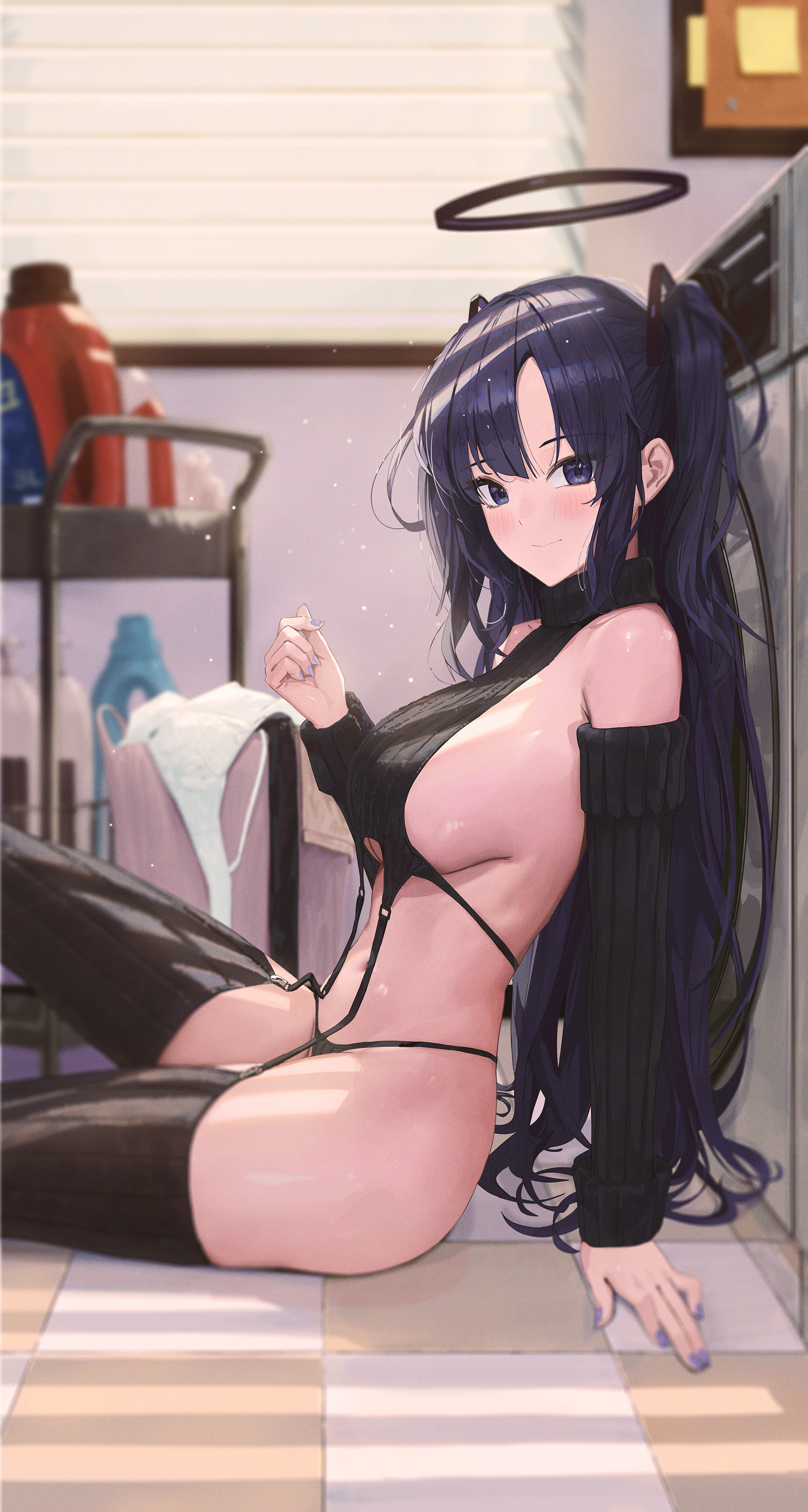 1girls, alternate costume, arm support, arm warmers, ass, bare shoulders, black panties, black sleeves, black sweater, black thighhighs, blue archive, blush, breasts, checkered floor, closed mouth, detached sleeves, detergent, female, fieryonion, fingernails, from side, garter straps, hair ornament, halo, hand on floor, hand up, indoors, long hair, looking at viewer, mechanical halo, medium breasts, meme attire, millennium science school student, nail polish, on floor, panties, purple eyes, purple hair, purple nails, ribbed legwear, ribbed panties, ribbed sweater, ribbed thighhighs, seminar (blue archive), sideboob, sitting, solo, string panties, sweater, thighhighs, triangle hair ornament, turtleneck, turtleneck sweater, two side up, underwear, virgin destroyer sweater, washing machine, window blinds, yuuka (blue archive)