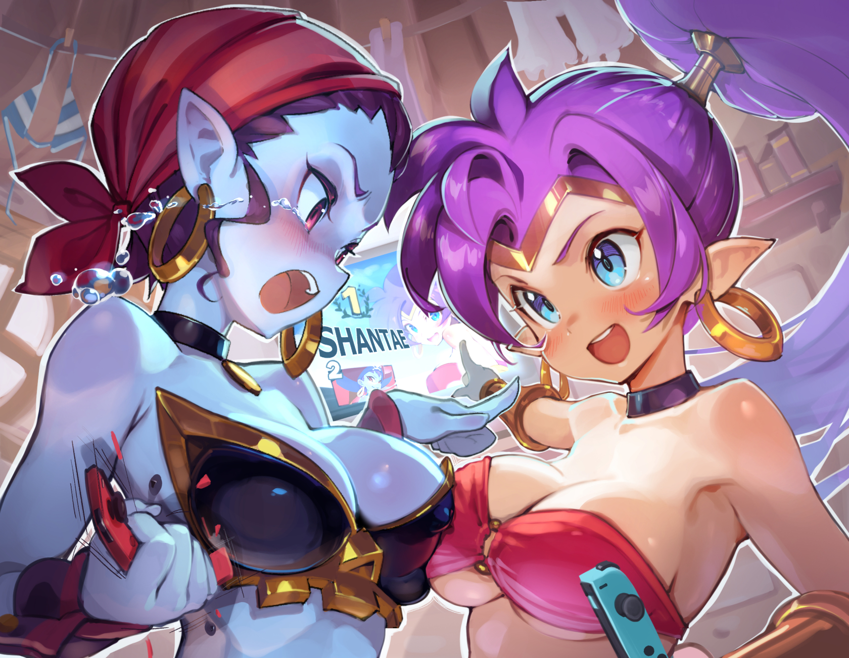 2girls, breast docking, breasts, female, female only, fully clothed, life is pi, multiple females, multiple girls, nintendo switch, risky boots, shantae, shantae (character), skimpy clothes, tagme, wayforward