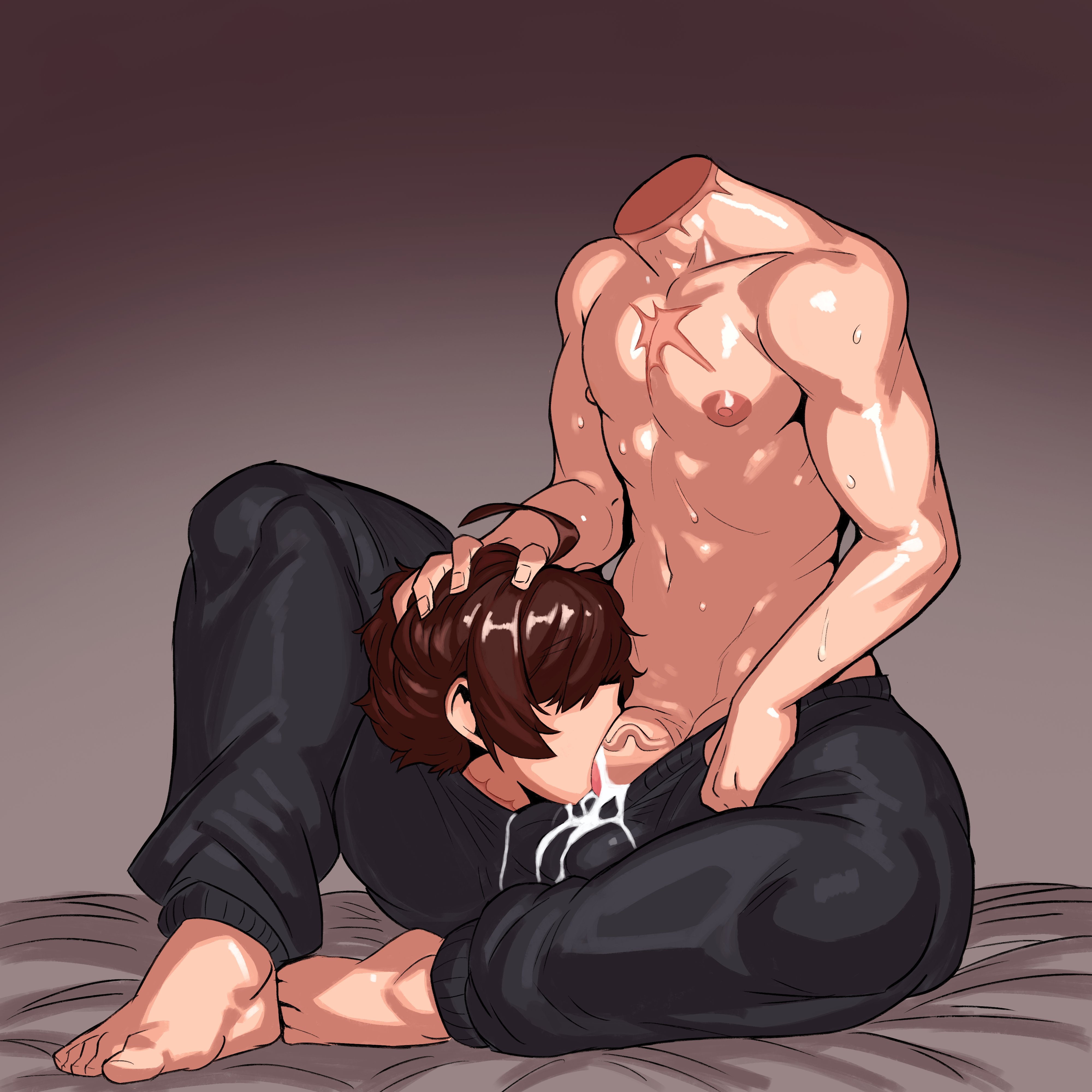 1boy, 2d, autofellatio, brown hair, chermat, cum, cum in mouth, dick, digital media (artwork), dullahan, feet, fit, fit male, hair over eyes, headless, light skin, light-skinned male, male, male only, male penetrated, penis, scar, short hair, solo, still alive, sweat, sweating, sweatpants, sweaty, sweaty body, tongue, tongue out