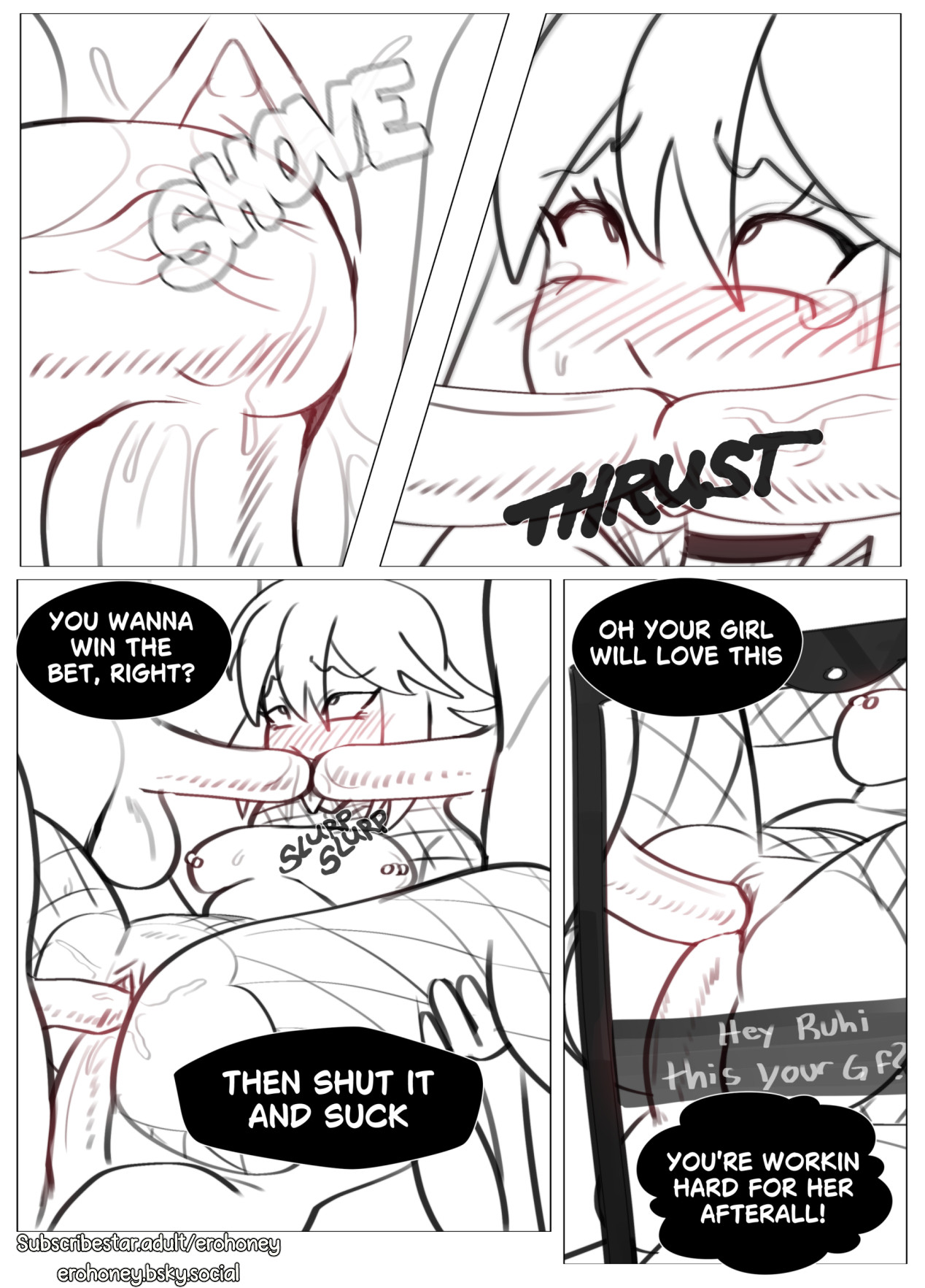 1girls, 4boys, ahe gao, borrowed character, cheating, comic page, cucked lesbian, dialogue, double barrel blowjob, double fellatio, double vaginal, dubious consent, english text, erohoney, female, fishnets, gangbang, line art, lost bet, male, navel piercing, oral, original, pierced nipples, piercing, pussy, recording, recording on phone, sierra dazorelle, tears, text, vaginal penetration