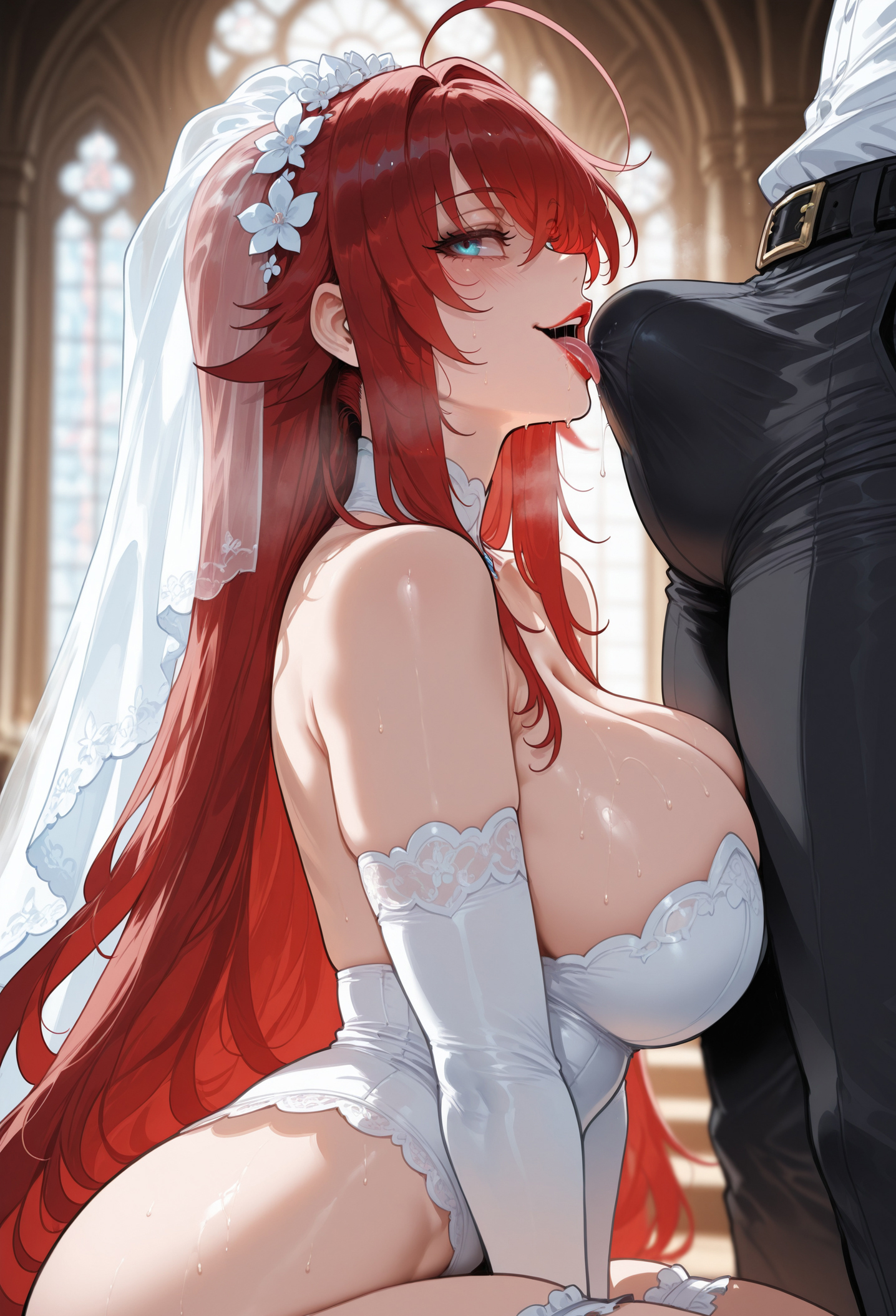 1boy, 1girls, ahoge, ai generated, bangs, bare shoulders, belt, big breasts, black belt, black pants, blue eyes, blush, breasts, bridal garter, bridal lingerie, bridal veil, bride, bulge, choker, church, cleavage, clothing, curvaceous, curvaceous female, curvaceous figure, curvy, curvy figure, detached sleeves, dress, duo, elbow gloves, erection, erection under clothes, fellatio, female, female focus, flower, gloves, hair between eyes, hair flower, hair ornament, headdress, high school dxd, highleg, highleg leotard, huge breasts, imminent fellatio, indoors, inviting, inviting to sex, kissing penis, large breasts, leotard, licking, licking penis, light-skinned female, long hair, looking at viewer, male, miyuai, open mouth, oral, pants, penis, presenting, presenting ass, presenting breasts, presenting hindquarters, presenting self, red hair, red lips, rias gremory, saliva, seductive, seductive look, seductive smile, shirt, sideboob, sitting, smile, solo focus, straight, strapless, strapless leotard, sweat, thigh strap, thighs, tongue, tongue out, underwear, upper teeth only, veil, very long hair, voluptuous, voluptuous female, wedding dress, white choker, white dress, white gloves, white leotard, white shirt, white thighhighs