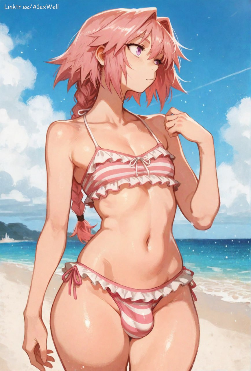 1boy, ai generated, astolfo (fate), beach, bikini, bulge, cute male, fate (series), fate/apocrypha, fate/grand order, femboy, frilled bikini, light skin, light-skinned male, looking ass, male, male only, penis, solo, stable diffusion