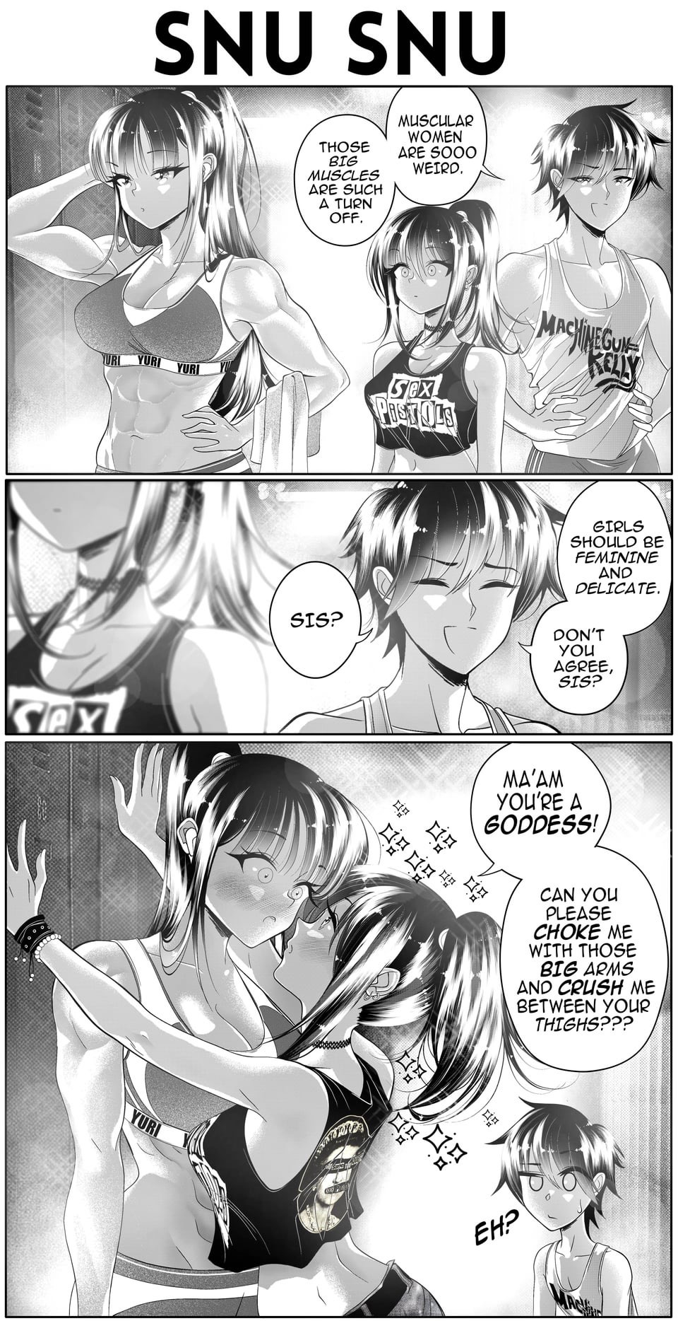 1boy, 2girls, band shirt, bra, brother and sister, dialogue, english text, female, flirting, grs-, gym, gym uniform, horny female, machine gun kelly, muscles, muscular, muscular female, muscular male, original, original character, ponytail, sex pistols (band), siblings, sparkles, sports bra, yuri