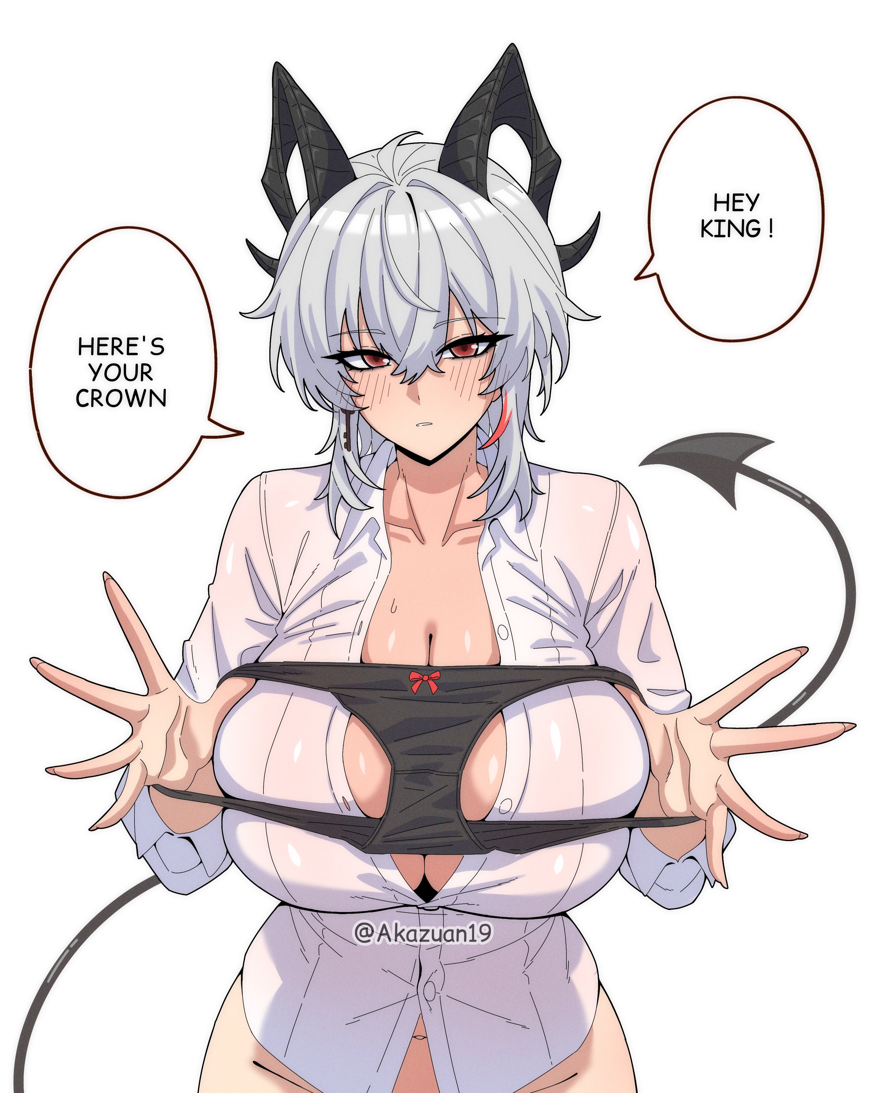 1girls, akazuan 19, breasts, cleavage, english text, female, female focus, female only, large breasts, light skin, light-skinned female, looking at viewer, panties, presenting panties, solo, text, white background, wuthering waves, zani (wuthering waves)