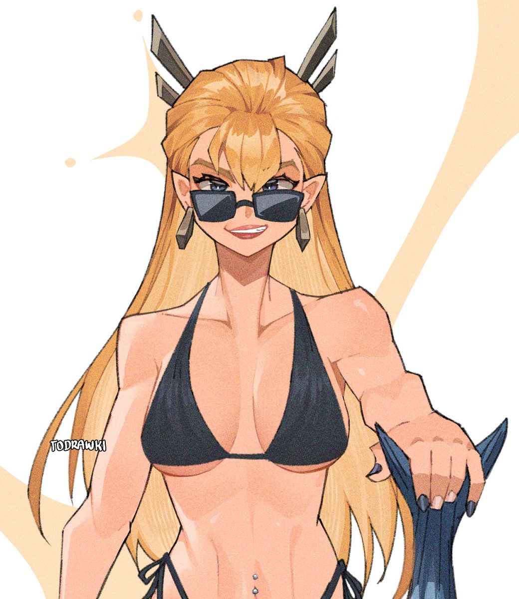 1girls, 2d, 2drawki, bikini, blonde hair, breasts, clothed, clothed female, female, female only, looking over eyewear, looking over sunglasses, magik (illyana rasputin), magik (marvel rivals), marvel, marvel comics, marvel rivals, smile, solo, sunglasses, tinted eyewear, todrawki, underboob, x-men