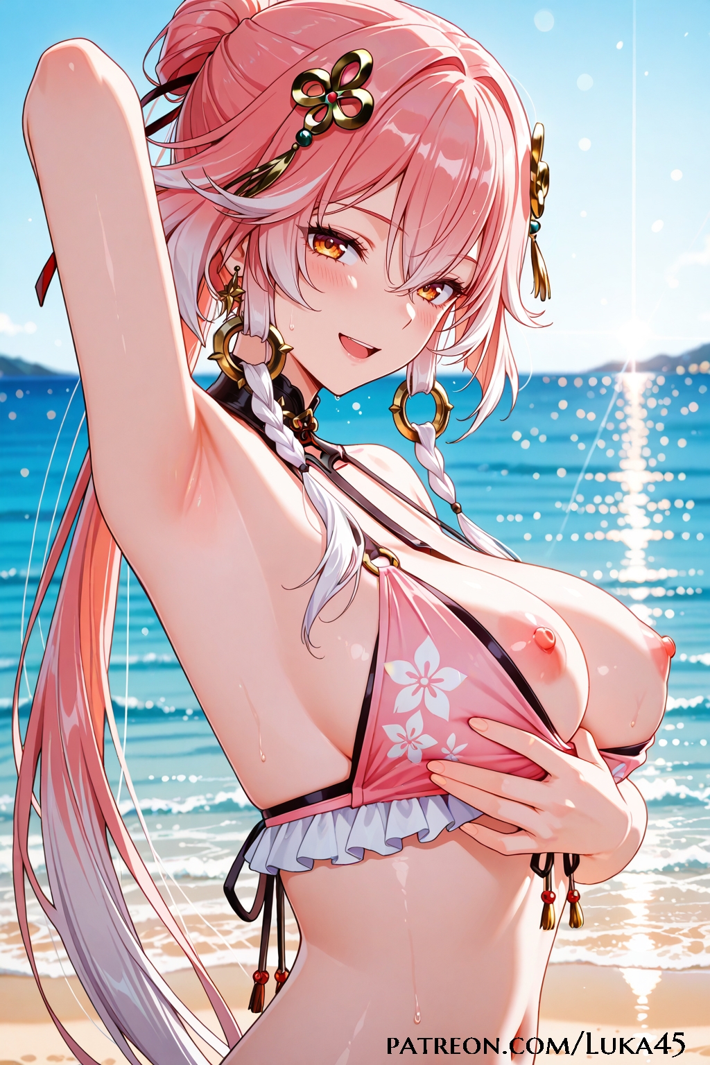ai generated, armpit, arms up, beach, big breasts, bikini, breasts, changli (wuthering waves), female, hair ornament, large breasts, large hair, looking at viewer, luka45, multicolored hair, nipples, ocean, patreon, patreon reward, patreon url, patreon username, pink hair, ponytail, sand, smile, smiling, smiling at viewer, solo, summer, white hair, wuthering waves, yellow eyes