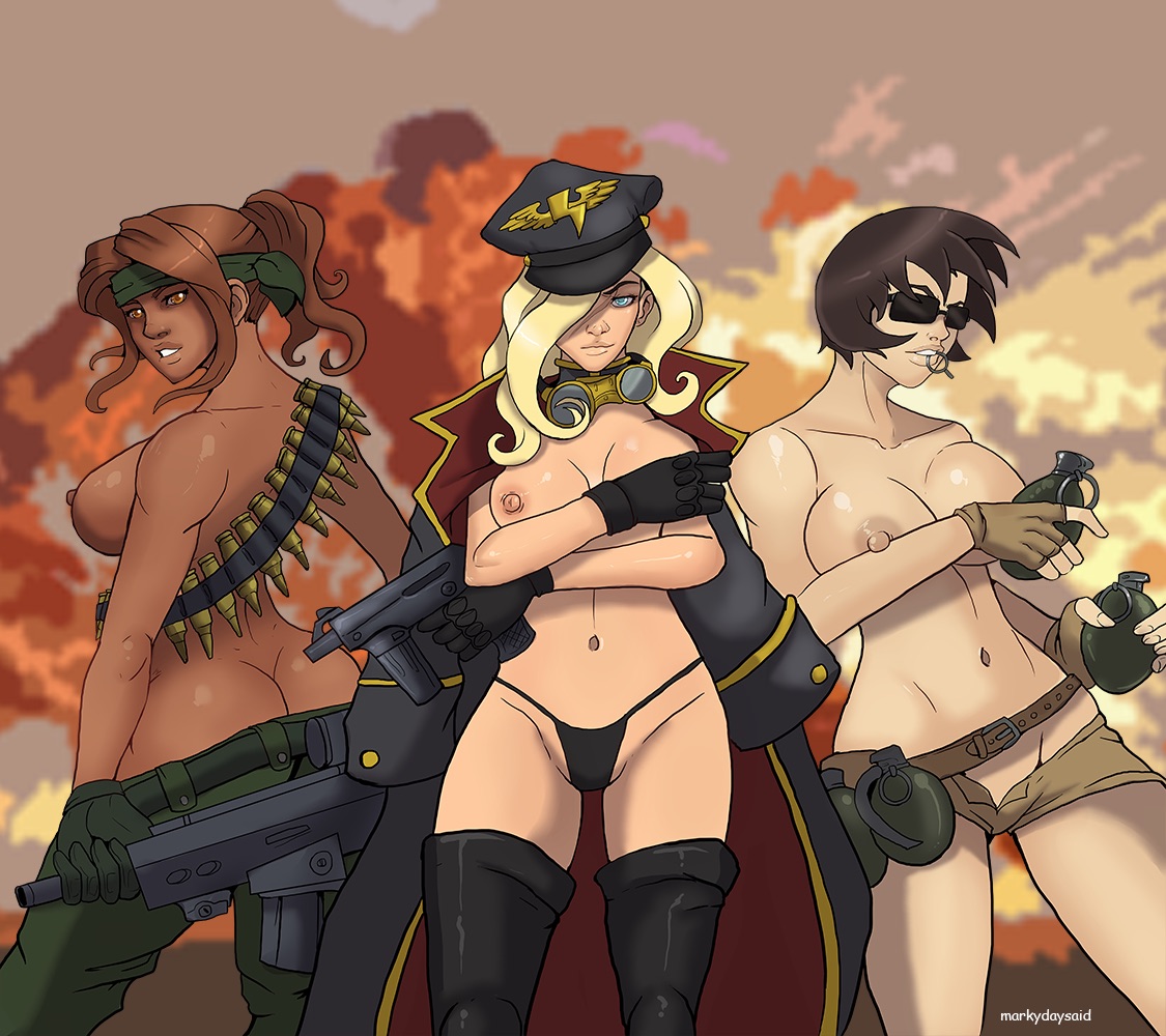 ass, bandolier, big breasts, black hair, blonde hair, blue eyes, breasts, brown eyes, brown hair, bullet, dark skin, dark-skinned female, explosion, female, goggles, grenade, gun, hat, legia legate, markydaysaid, military uniform, multiple females, multiple girls, navel, nipples, partially clothed, private ramirez, private wong, scar, shorts, sideboob, sunglasses, thighhighs, thong, unzipped pants, weapon