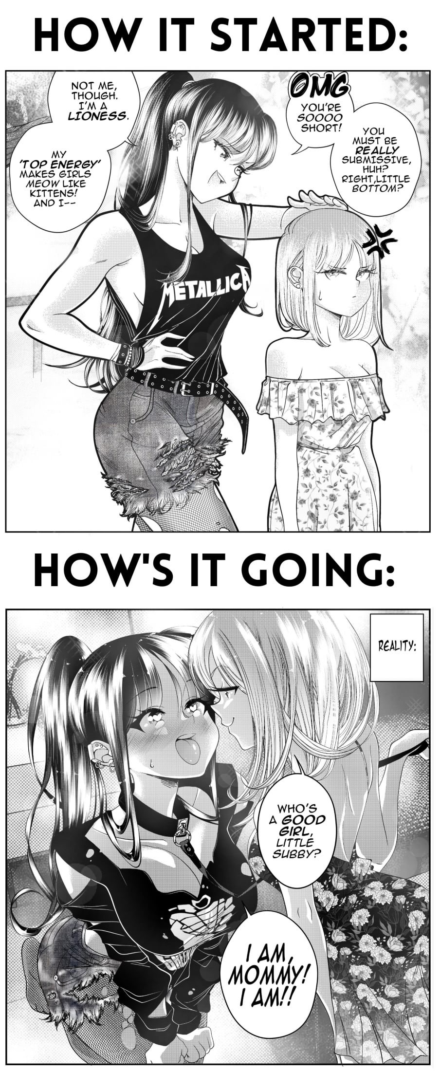 2girls, anger vein, angry, band shirt, collar, comic, dom to sub, dominant, domination/submission, female, good girl, green day, grs-, height difference, leash, leash and collar, metallica, mommy, mommy kink, original, original character, ponytail, role reversal, size difference, submissive, tongue out, yuri