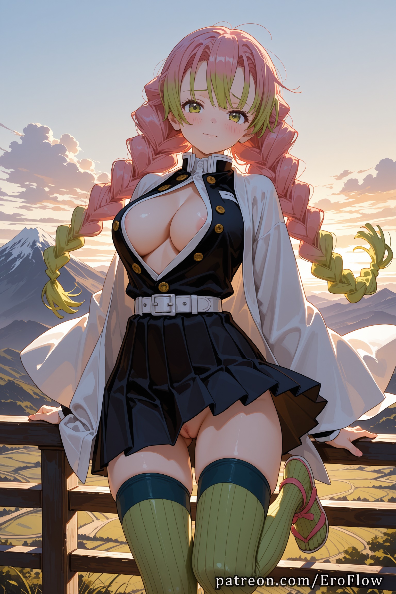 1girls, 2025, ai generated, areola slip, bangs, belt, black skirt, blush, braid, breasts, closed mouth, clothing, demon slayer, demon slayer uniform, eroflow, female, female only, green eyes, green hair, green thighhighs, haori, hi res, highres, japanese clothes, kanroji mitsuri, kanroji mitsuri (cosplay), kimetsu no yaiba, large breasts, long hair, long sleeves, looking at viewer, mole, mole under each eye, mountainous horizon, nipples, no bra, no panties, open clothes, outdoors, patreon, pink hair, pleated skirt, pussy, ribbed legwear, sandals, skirt, solo, thighhighs, thighs, twin braids, vagina, voluptuous, voluptuous female