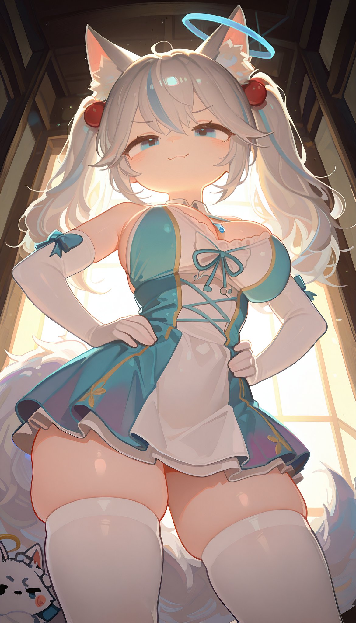 ai generated, big breasts, blue eyes, bow, brat, bratty, fluffy ears, fluffy tail, fox, fox ears, fox girl, frilled skirt, hair ornament, kirsche verstahl, multicolored hair, sassy, shortstack, smug, thick thighs, thigh squish, thighhighs, twintails, victusthraex (artist), virtual youtuber, vtuber, white hair