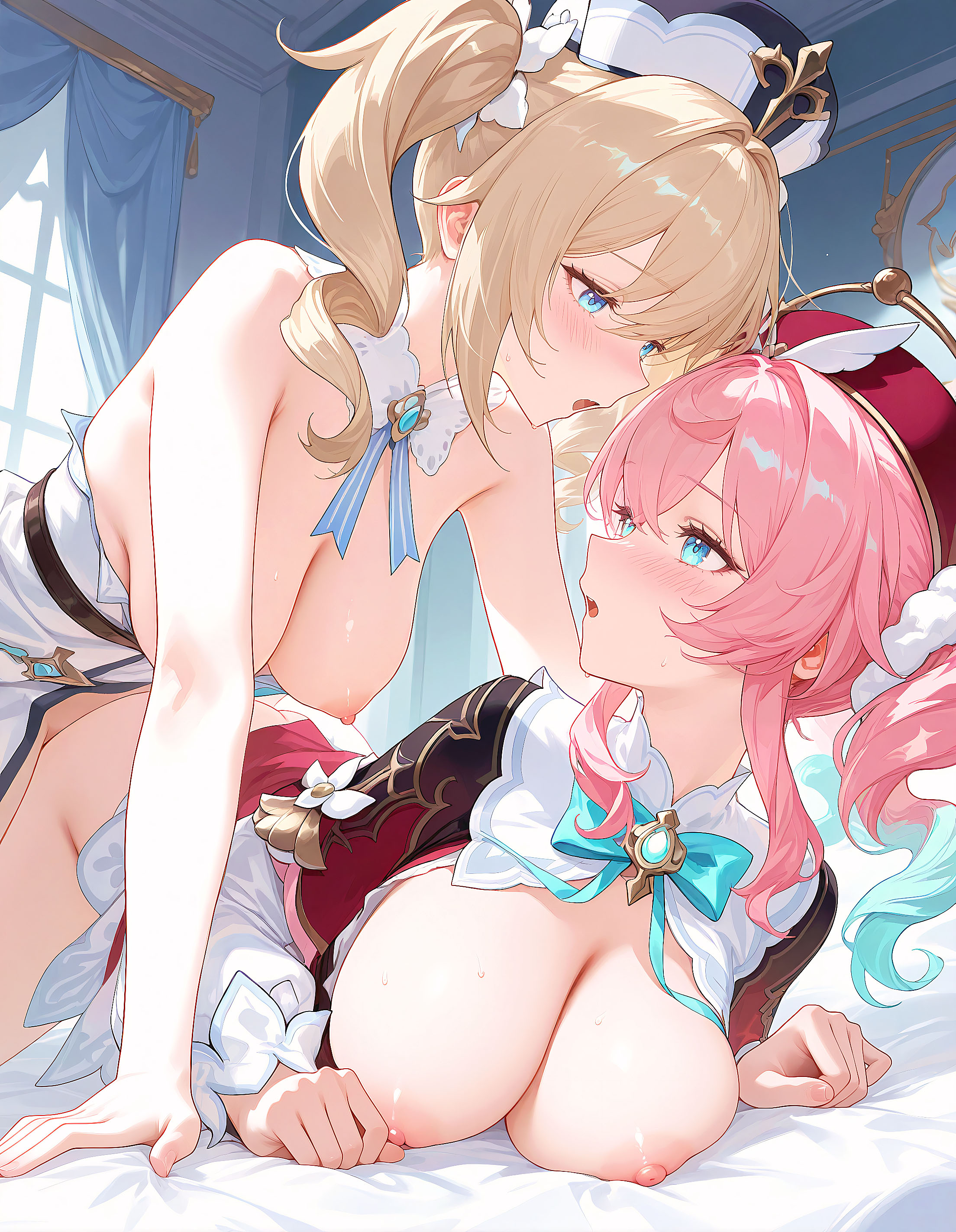 1girls, 2girls, ai assisted, ai generated, barbara (genshin impact), blonde hair, female, genshin impact, honkai: star rail, hyacine (honkai: star rail), pink hair, tagme, twintails, yuri