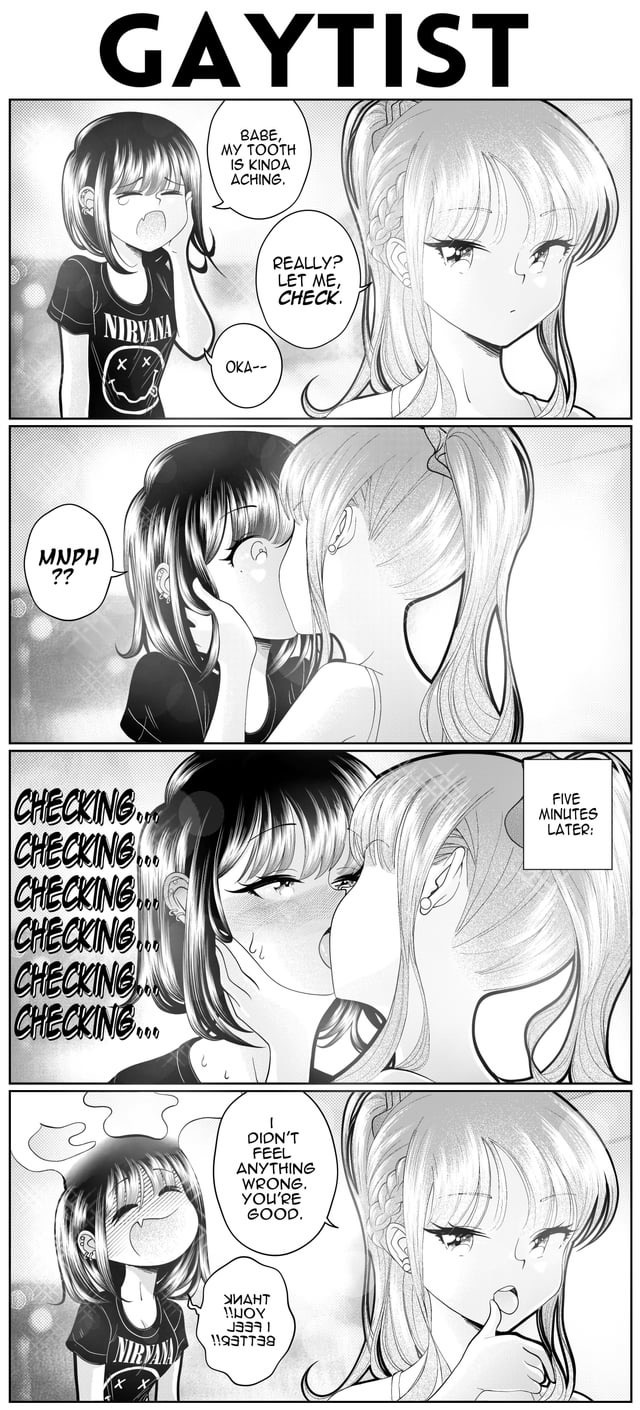 2girls, band shirt, blush, comic, dialogue, english text, fang, female, female/female, french kiss, grs-, kissing, leash, monochrome, nirvana, original, original character, skin fang, speech bubble, yuri