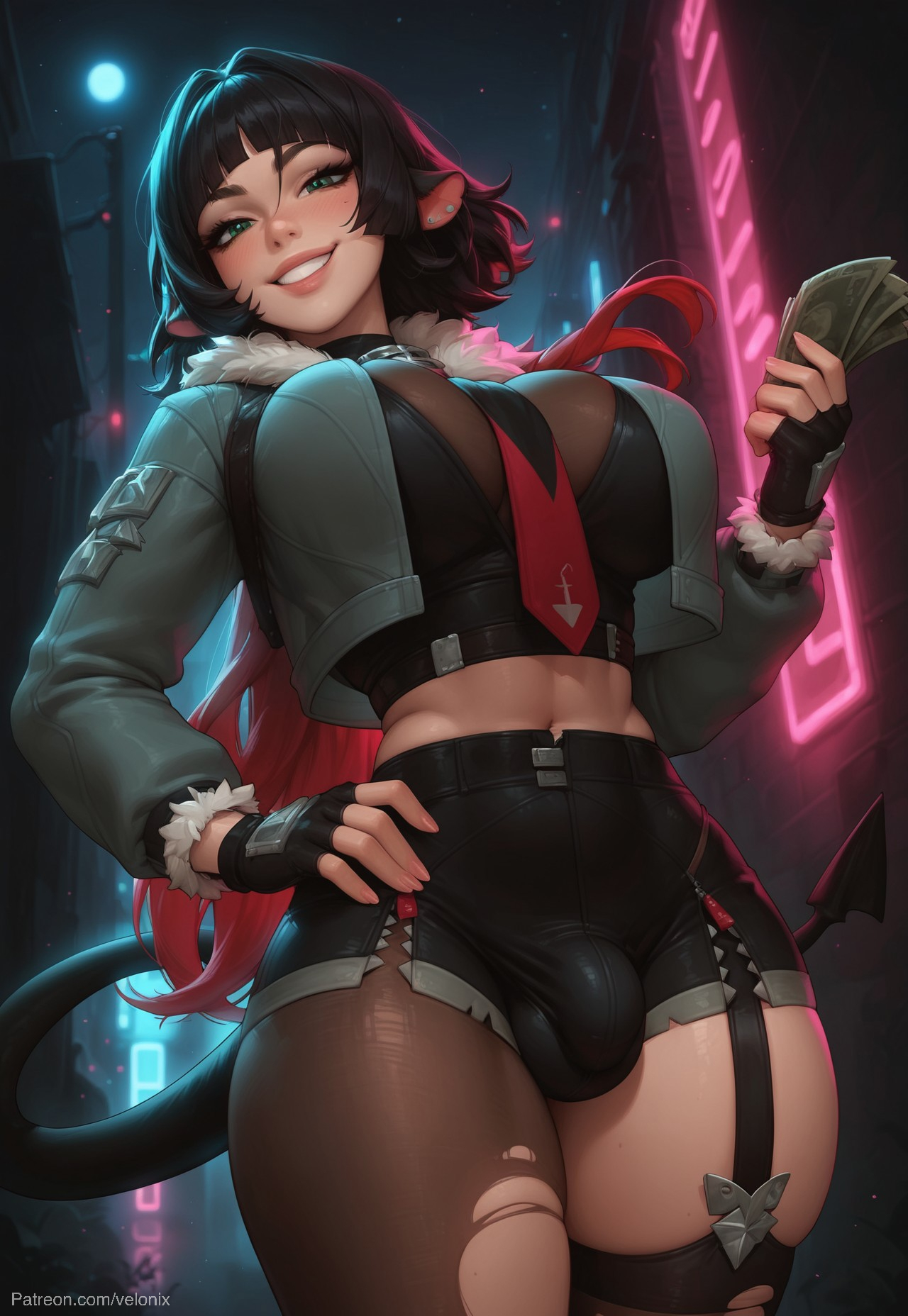 1futa, ai generated, animal ears, ass, asymmetrical hair, asymmetrical legwear, balls, big ass, big breasts, big butt, big hips, big penis, black hair, black shorts, blue jacket, breasts, bulge, bulge through clothing, bulge under clothes, cleavage, cow ears, crop top, demon tail, dick, dickgirl, ear piercing, earings, earrings, eyebrows, eyelashes, fingerless gloves, from below, fur, futa only, futanari, gloves, grin, grinning, grinning at viewer, hair, half naked, half nude, hands-free, holding money, hoyoverse, huge cock, indoors, intersex, jacket, jane doe (zenless zone zero), lips, long hair, looking at viewer, makeup, medium breasts, medium hair, midriff, money, mouse ears, narrow waist, narrowed eyes, navel, necktie, nose, penis, red hair, seducing, seductive, seductive eyes, seductive gaze, seductive look, seductive mouth, seductive pose, seductive smile, short hair, shorts, smile, smile at viewer, smiley face, smooth balls, smooth penis, smooth skin, solo, solo dickgirl, solo focus, solo futa, stockings, straps, tail, taker pov, testicles, topwear, two-tone hair, uneven legwear, velonix, zenless zone zero