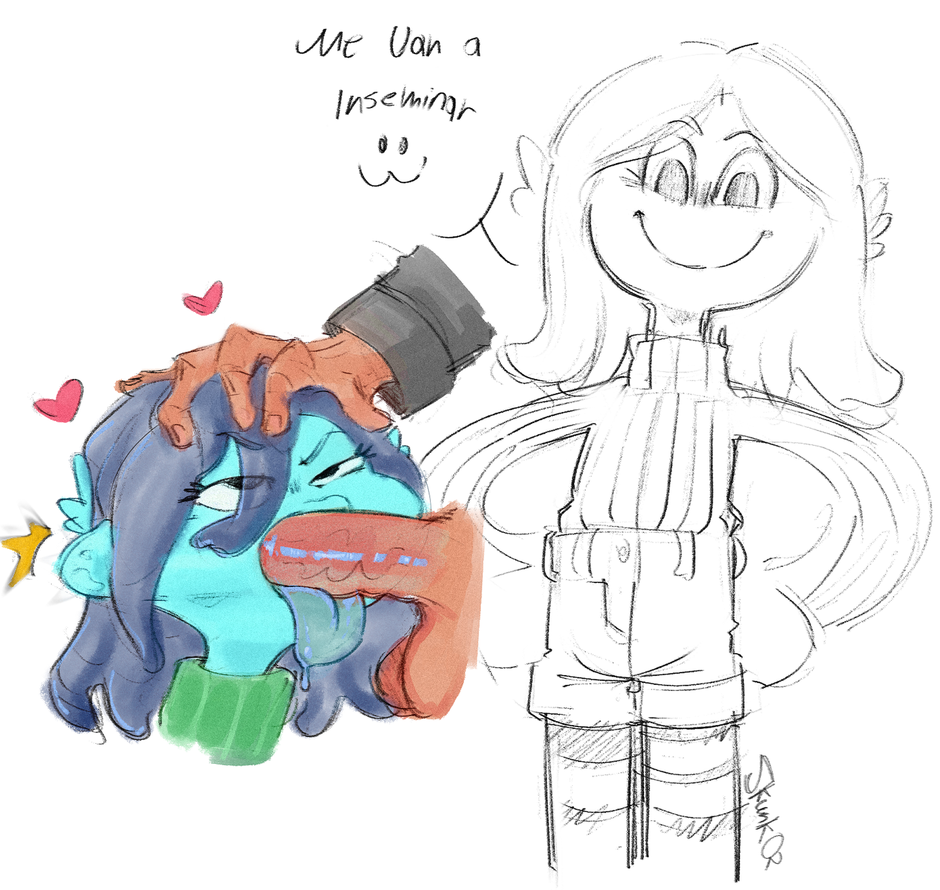 antropomorph, blowjob, blue hair, blue skin, cadmio, female, human, humanoid, humanoid penis, kraken, male, male human/female humanoid, male/female, penis, ruby gillman, ruby gillman, teenage kraken, skuunk02